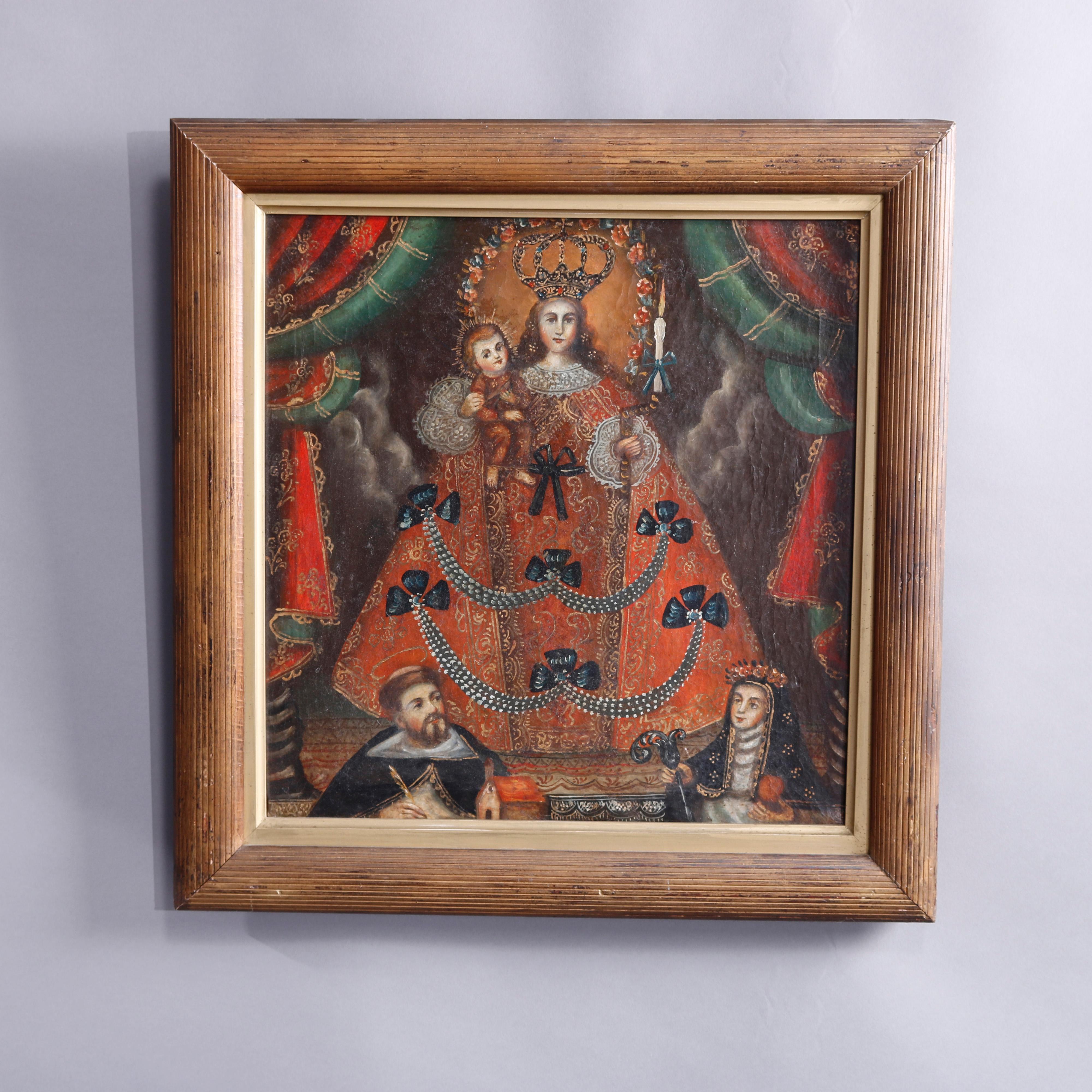 An antique English reliquary oil on canvas painting of Madonna and The Christ Child, seated in wood frame, 19th century

Measures - overall 20''H x 20''W x 1.75'D; sight 15'' x 15.5''.