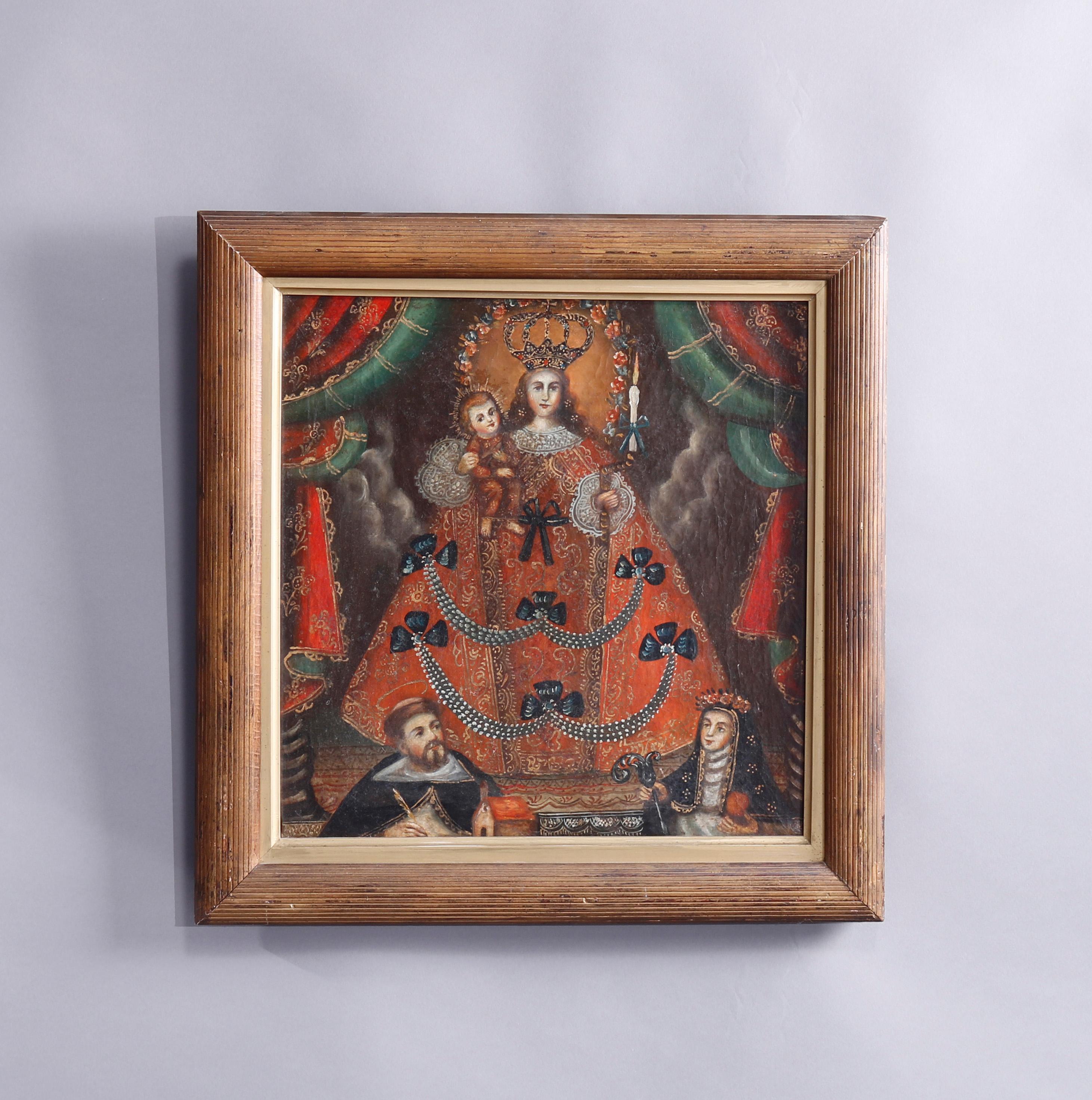 Hand-Painted Antique English Hand Painted Oil on Canvas Reliquary, Madonna & Child, 19th C