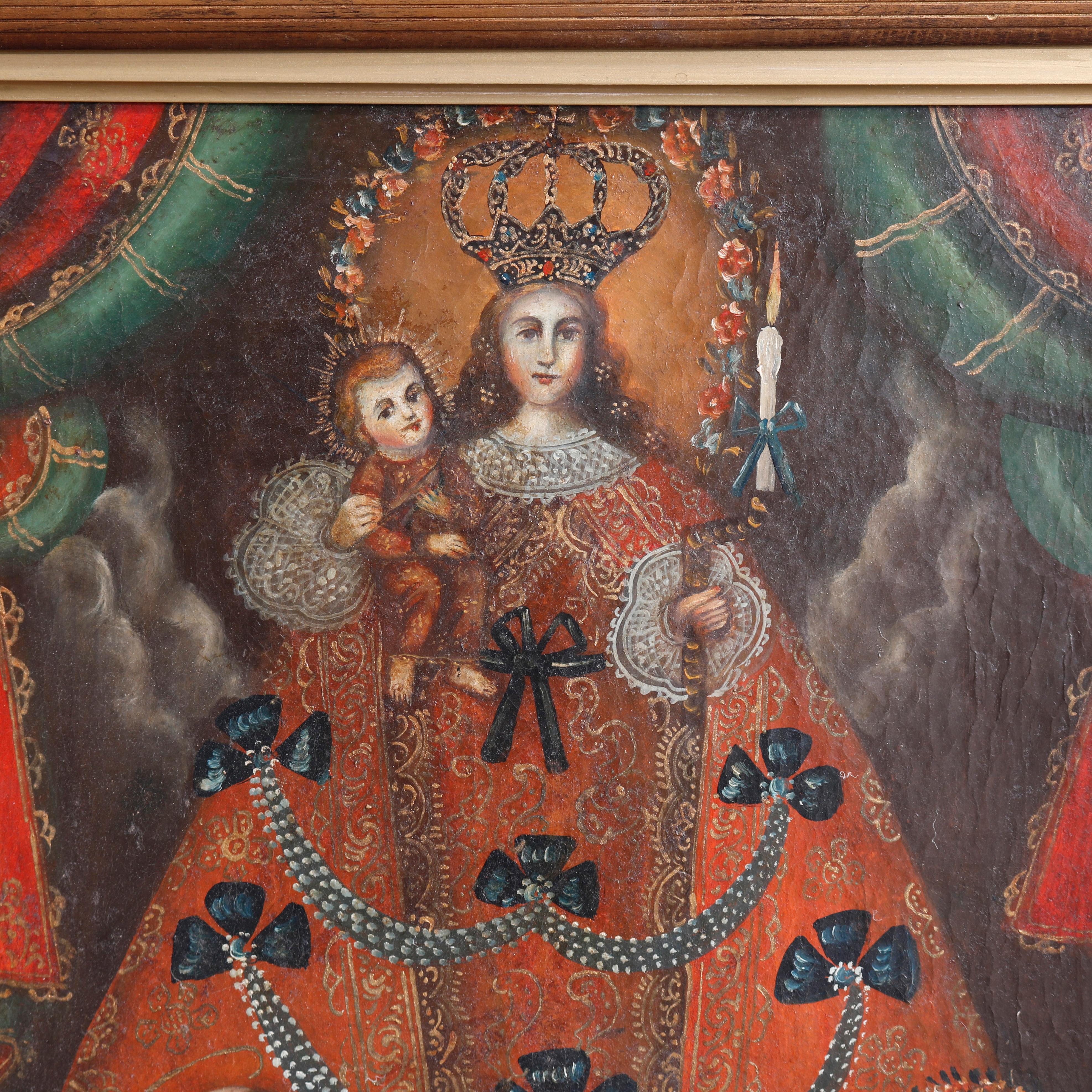 Antique English Hand Painted Oil on Canvas Reliquary, Madonna & Child, 19th C In Good Condition In Big Flats, NY