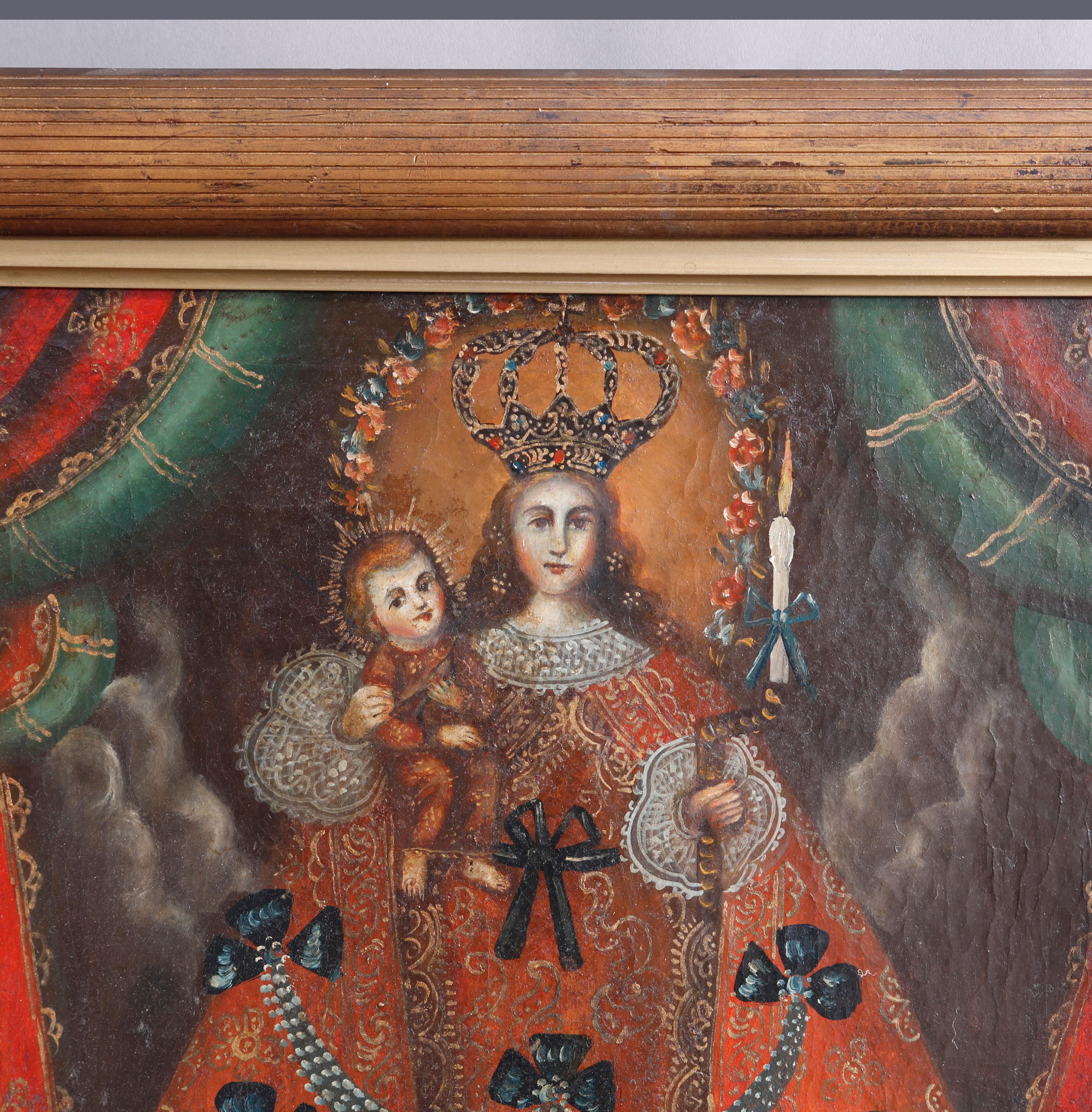 19th Century Antique English Hand Painted Oil on Canvas Reliquary, Madonna & Child, 19th C
