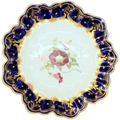 Antique English Hand Painted Porcelain Cobalt and Gold Botanical Cabinet Plate