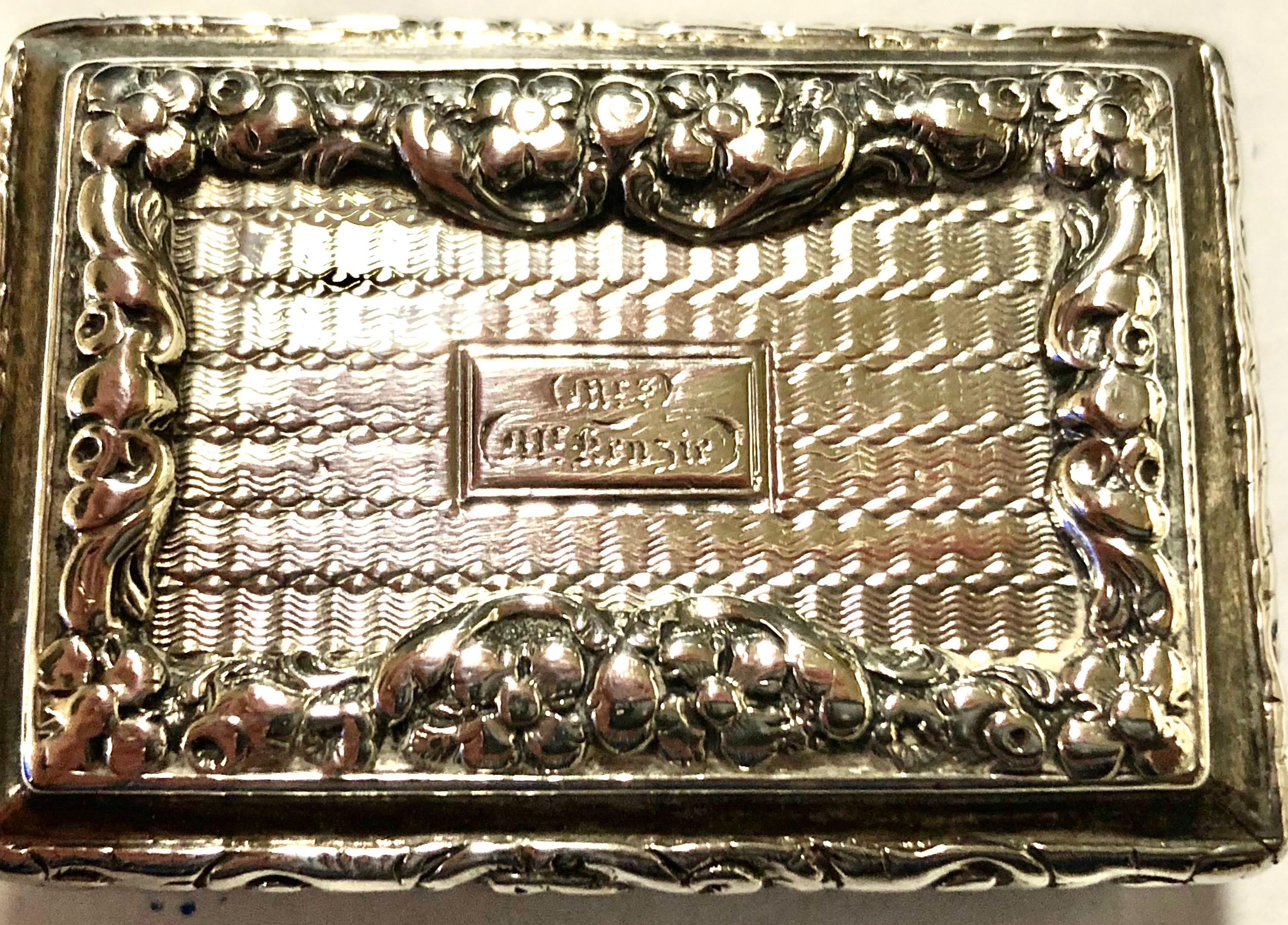 Fabulous and rare antique English hand pierced and engraved sterling vinaigrette
Hallmarked throughout, Birmingham, 1838-1839. Please note exceptional pierced and engraved fold out grille.
Maker's Marks for Britain's most sought after small box