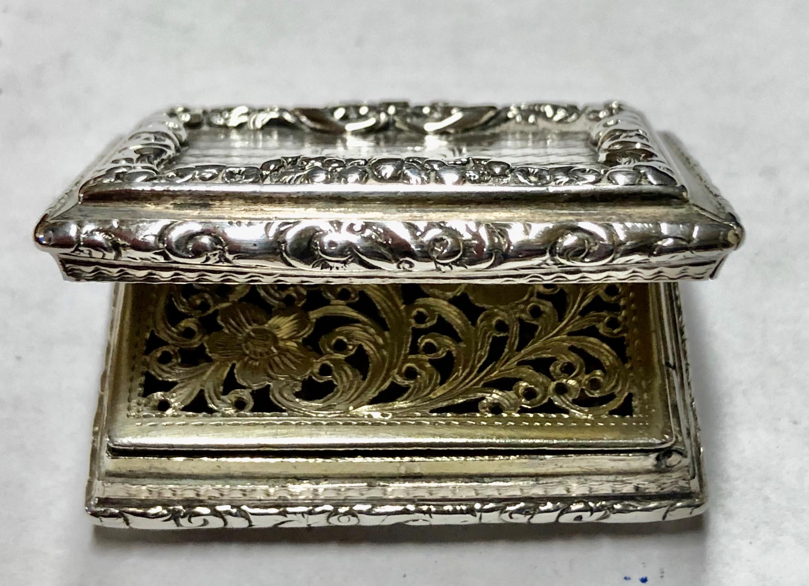 Georgian Antique English Hand Pierced and Engraved Sterling Vinaigrette, Nathaniel Mills For Sale