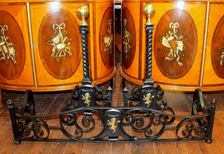 Antique English Hand Wrought Iron And Cast Brass Fireplace Fender