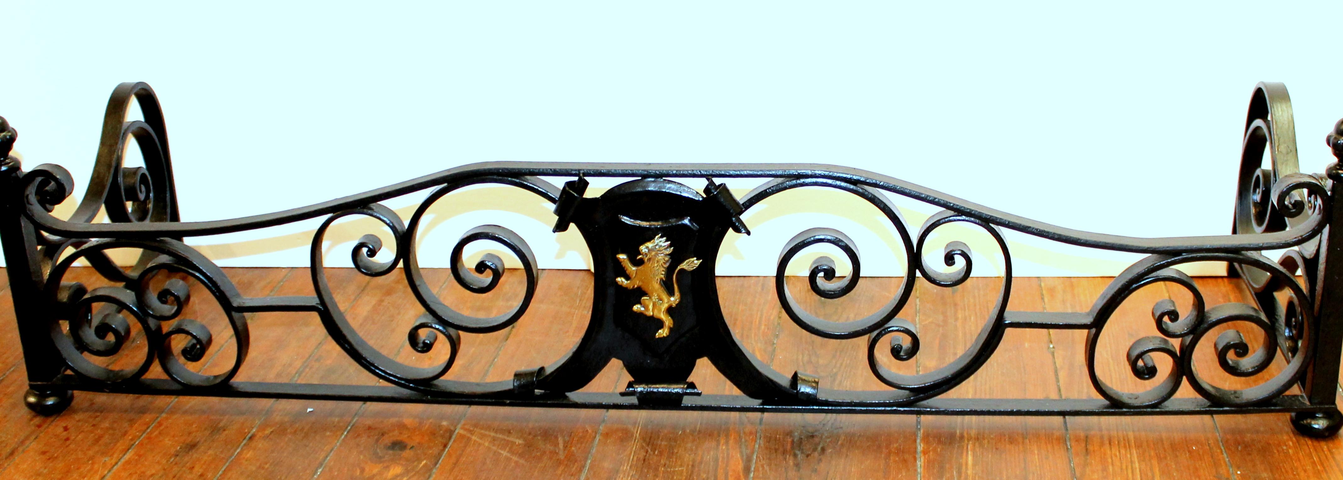 Antique English Hand Wrought Iron and Cast Brass Fireplace Fender 3
