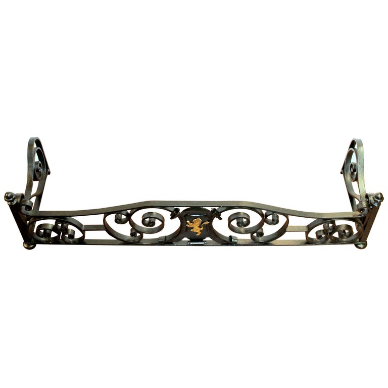 Antique English Hand Wrought Iron And Cast Brass Fireplace Fender