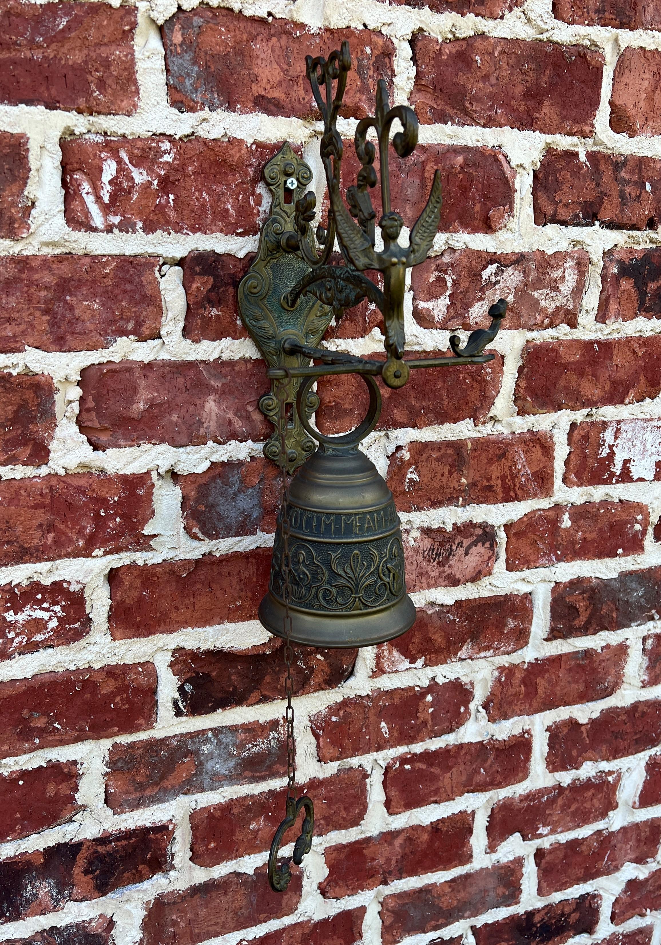 Antique English Hanging Brass Shop Bell Church Garden Dinner Bell Large 1920s 9