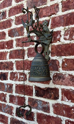 Antique English Hanging Brass Shop Bell Church Garden Dinner Bell Large 1920s