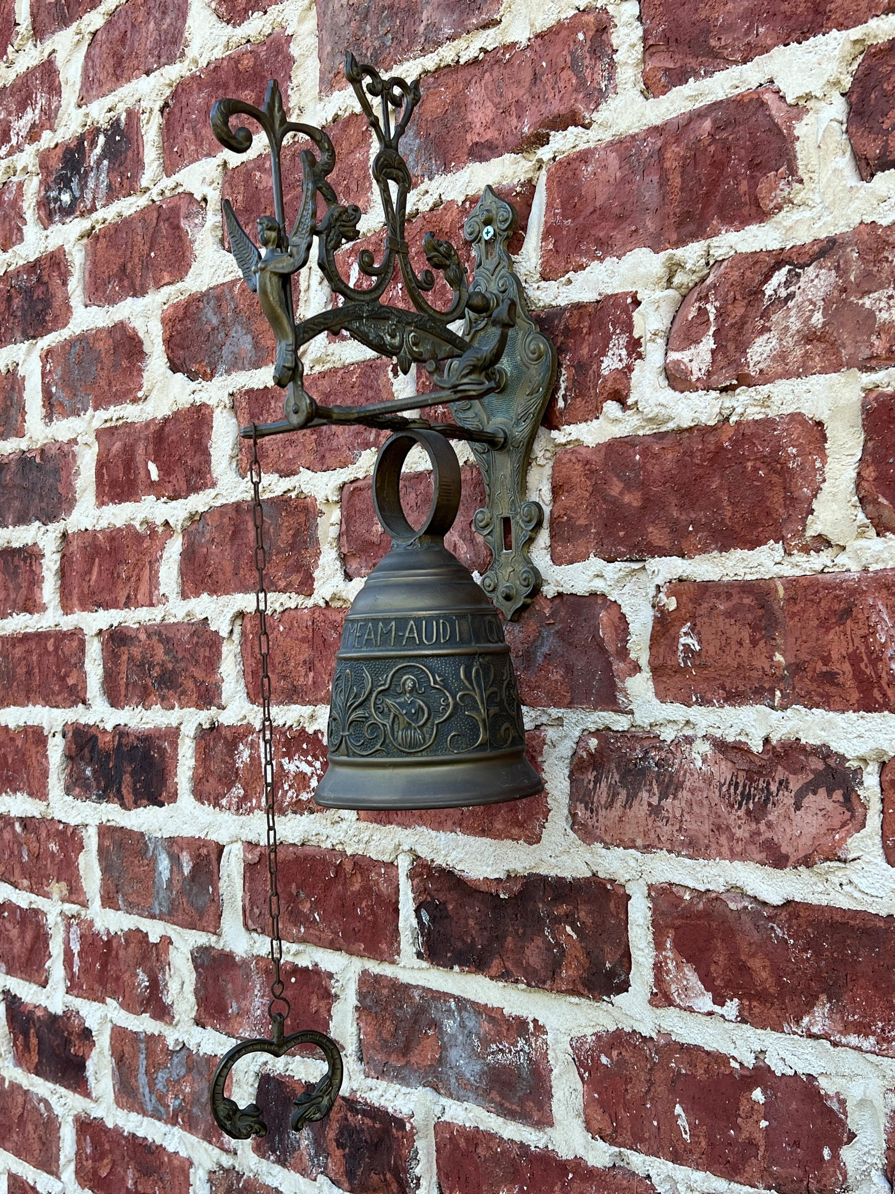 Antique English Hanging Brass Shop Bell Church Garden Dinner Bell Large 1920s In Good Condition In Tyler, TX