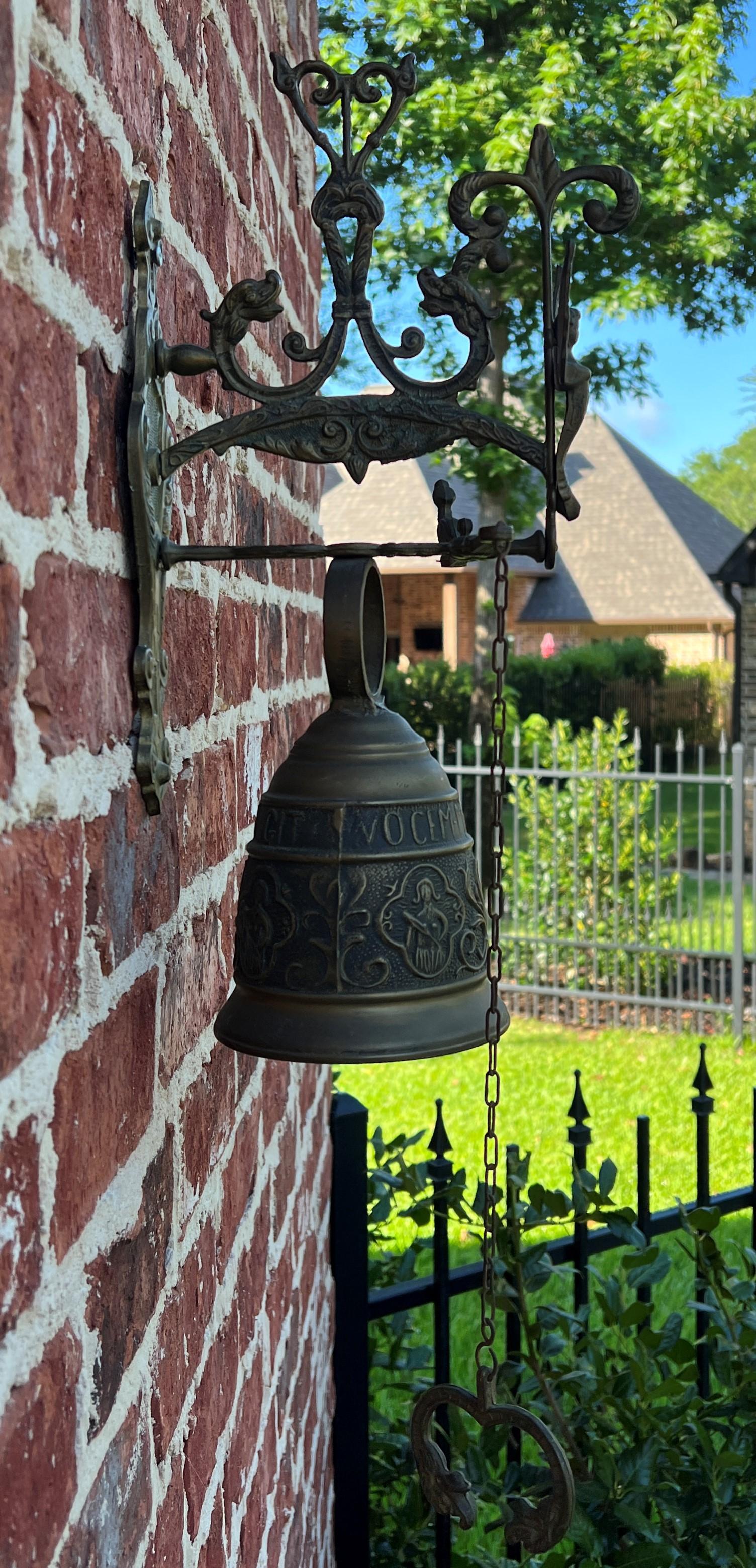 Antique English Hanging Brass Shop Bell Church Garden Dinner Bell Large 1920s 1