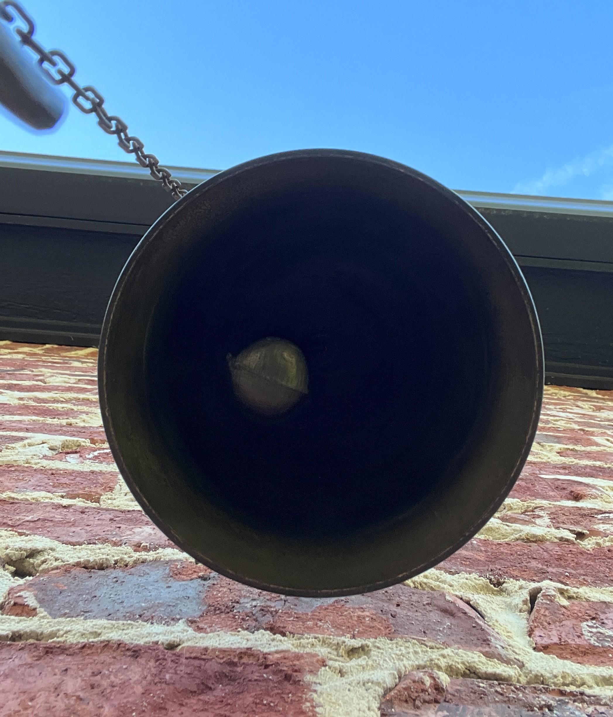Antique English Hanging Brass Shop Bell Church Garden Dinner Bell Large 1920s 3