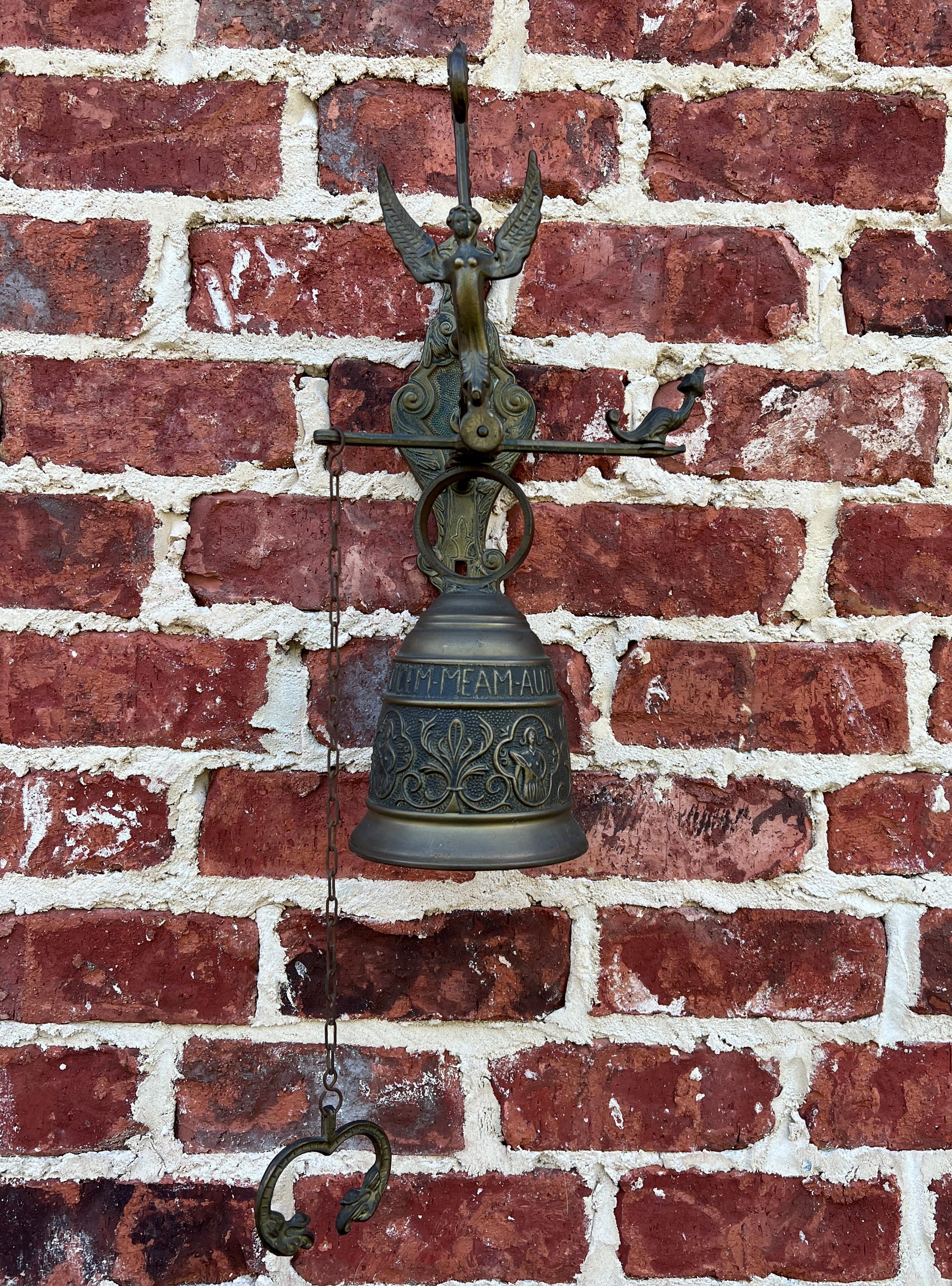 Antique English Hanging Brass Shop Bell Church Garden Dinner Bell Large 1920s 4