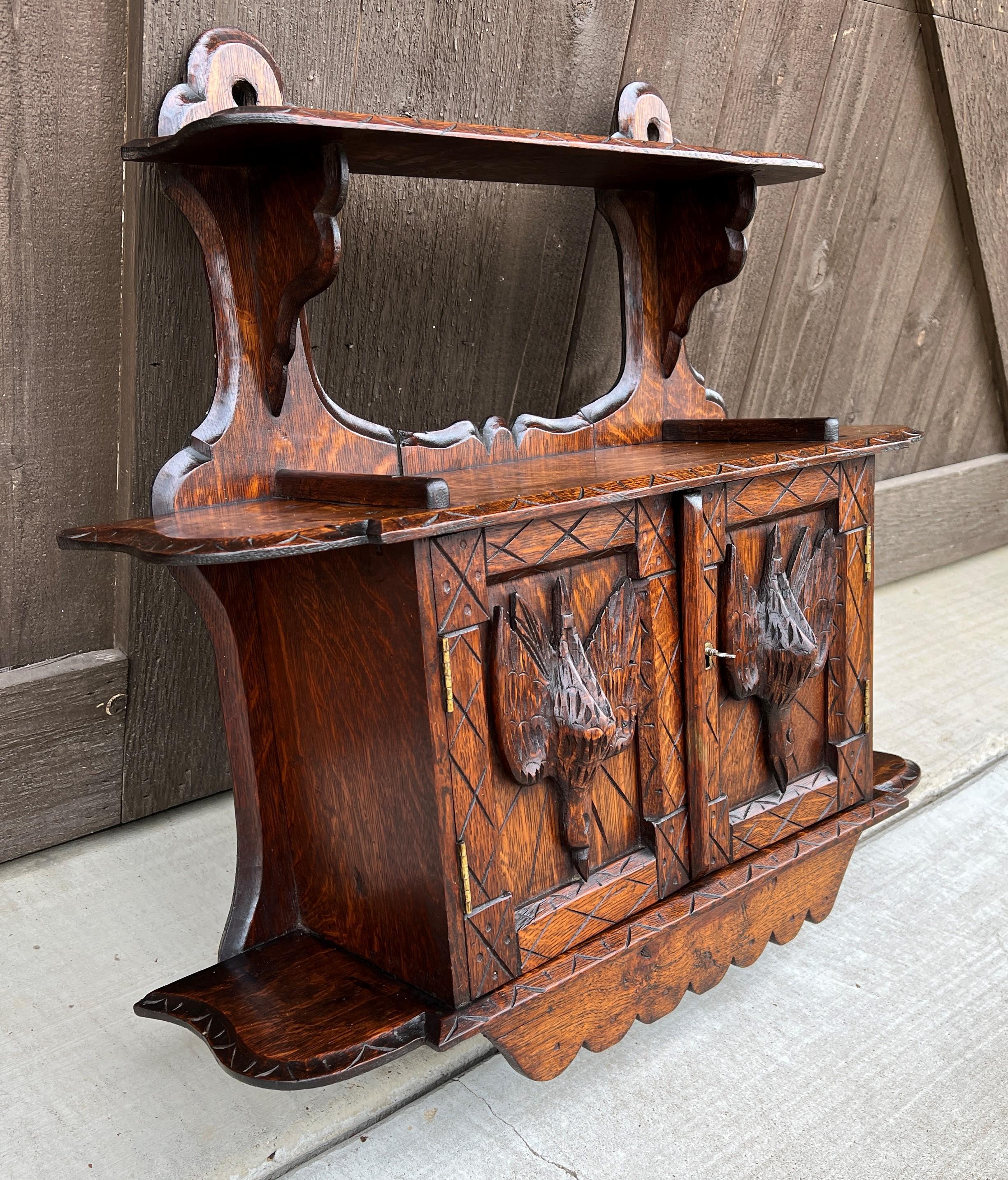 Antique English Hanging Wall Shelf Medicine Cabinet Carved Birds w Key 4