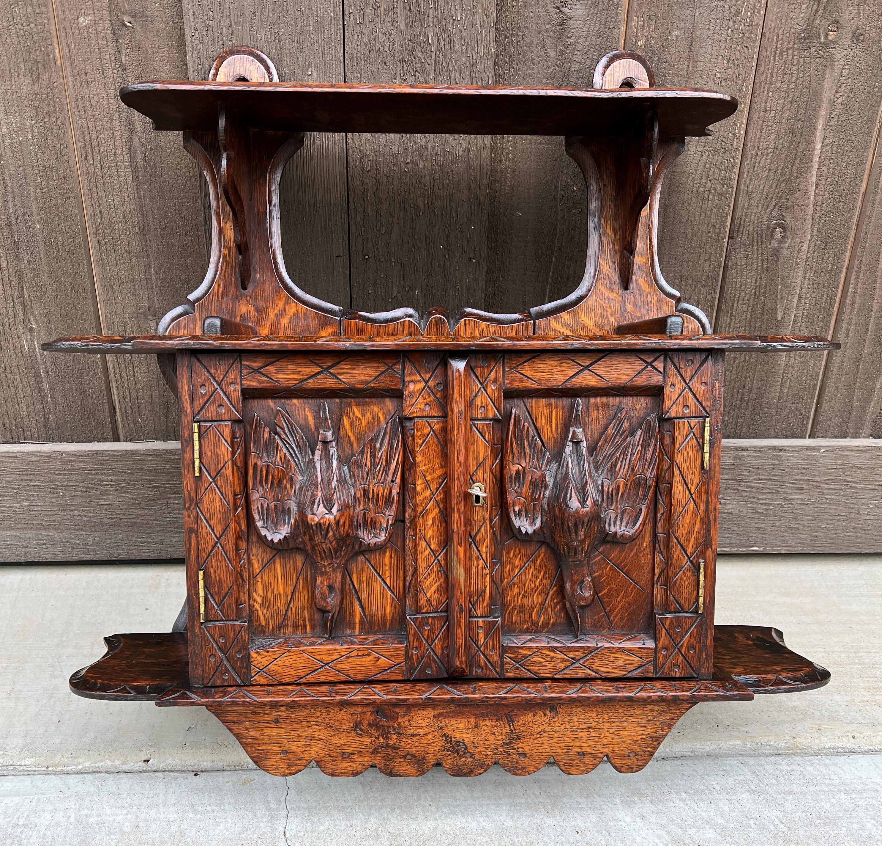 Antique English Hanging Wall Shelf Medicine Cabinet Carved Birds w Key 5
