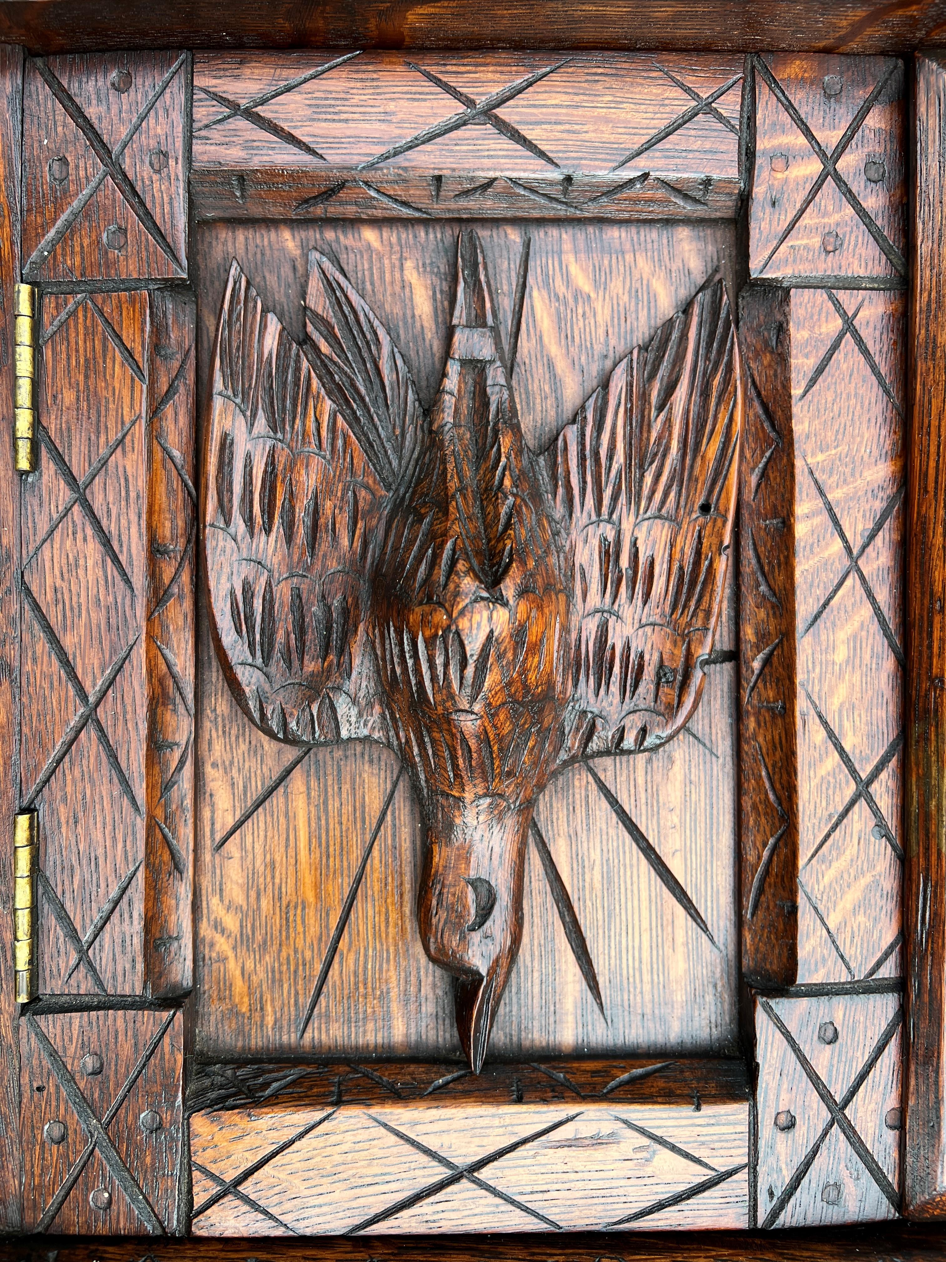 Edwardian Antique English Hanging Wall Shelf Medicine Cabinet Carved Birds w Key