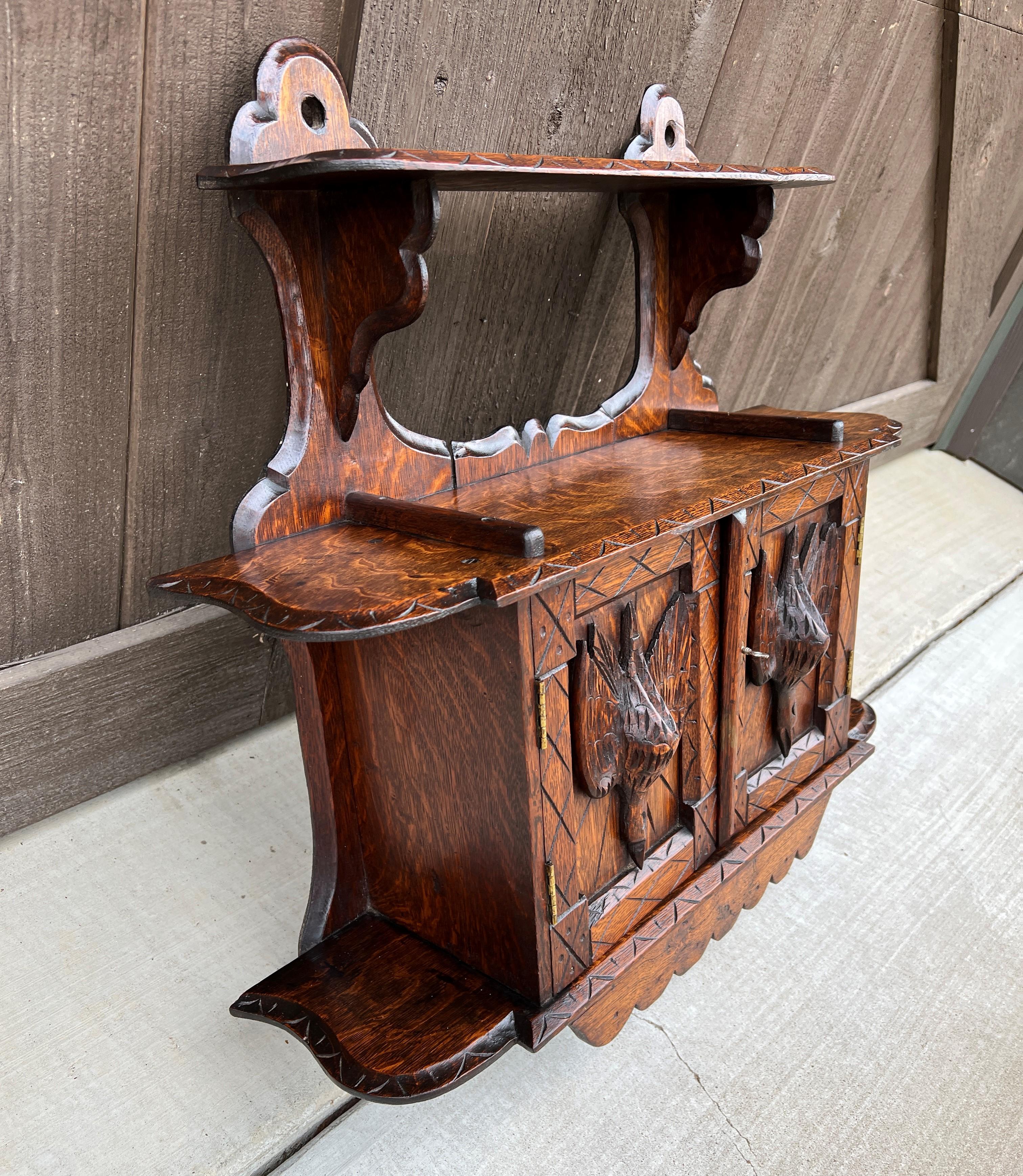 Antique English Hanging Wall Shelf Medicine Cabinet Carved Birds w Key In Good Condition In Tyler, TX