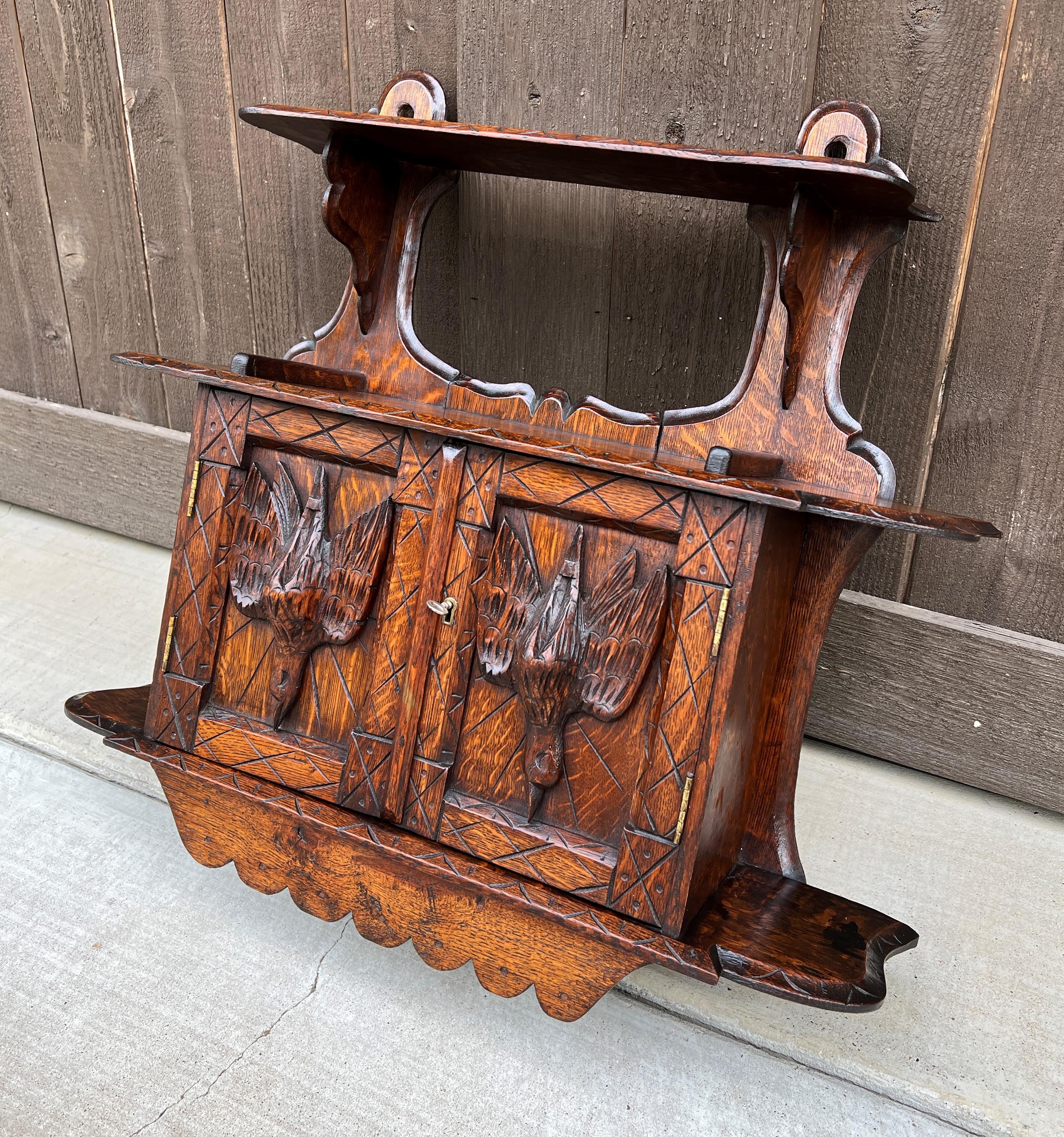 Oak Antique English Hanging Wall Shelf Medicine Cabinet Carved Birds w Key