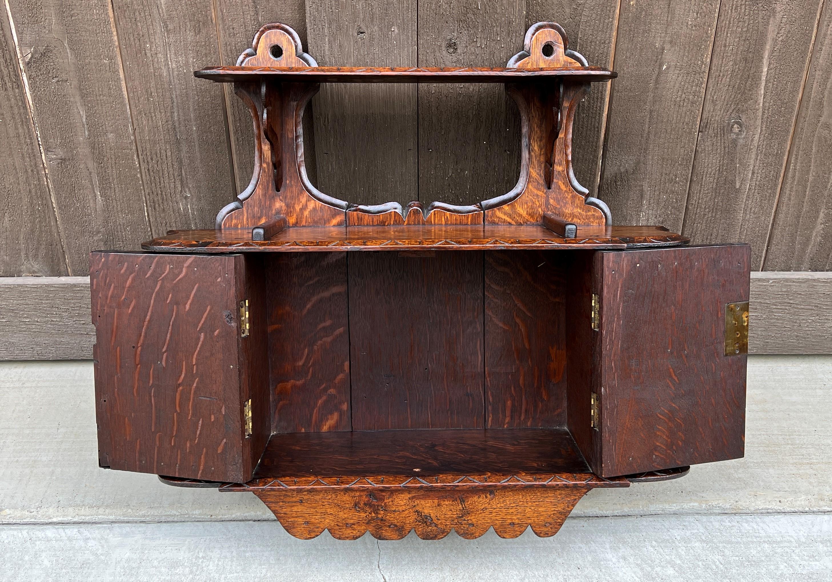 Antique English Hanging Wall Shelf Medicine Cabinet Carved Birds w Key 1