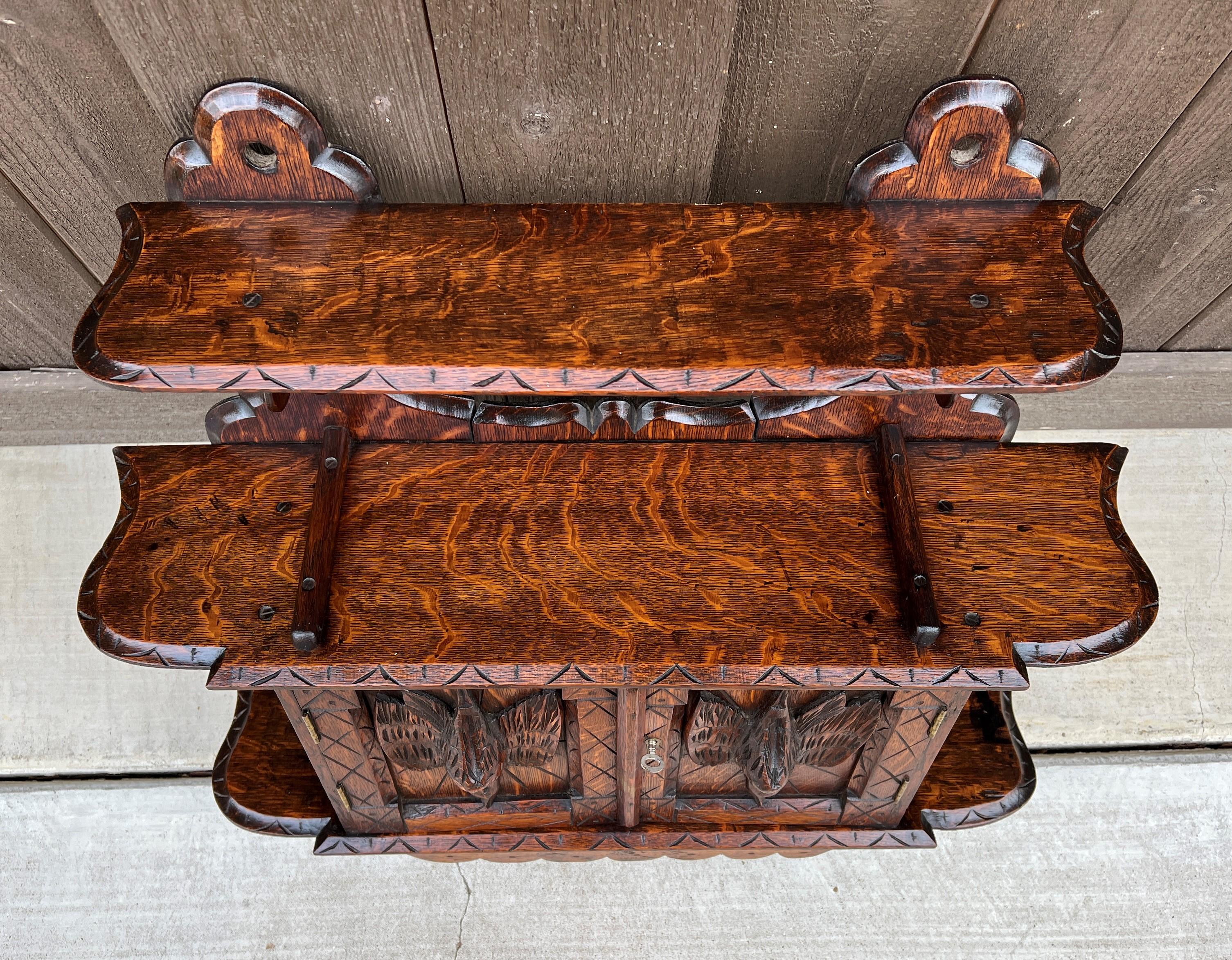 Antique English Hanging Wall Shelf Medicine Cabinet Carved Birds w Key 2