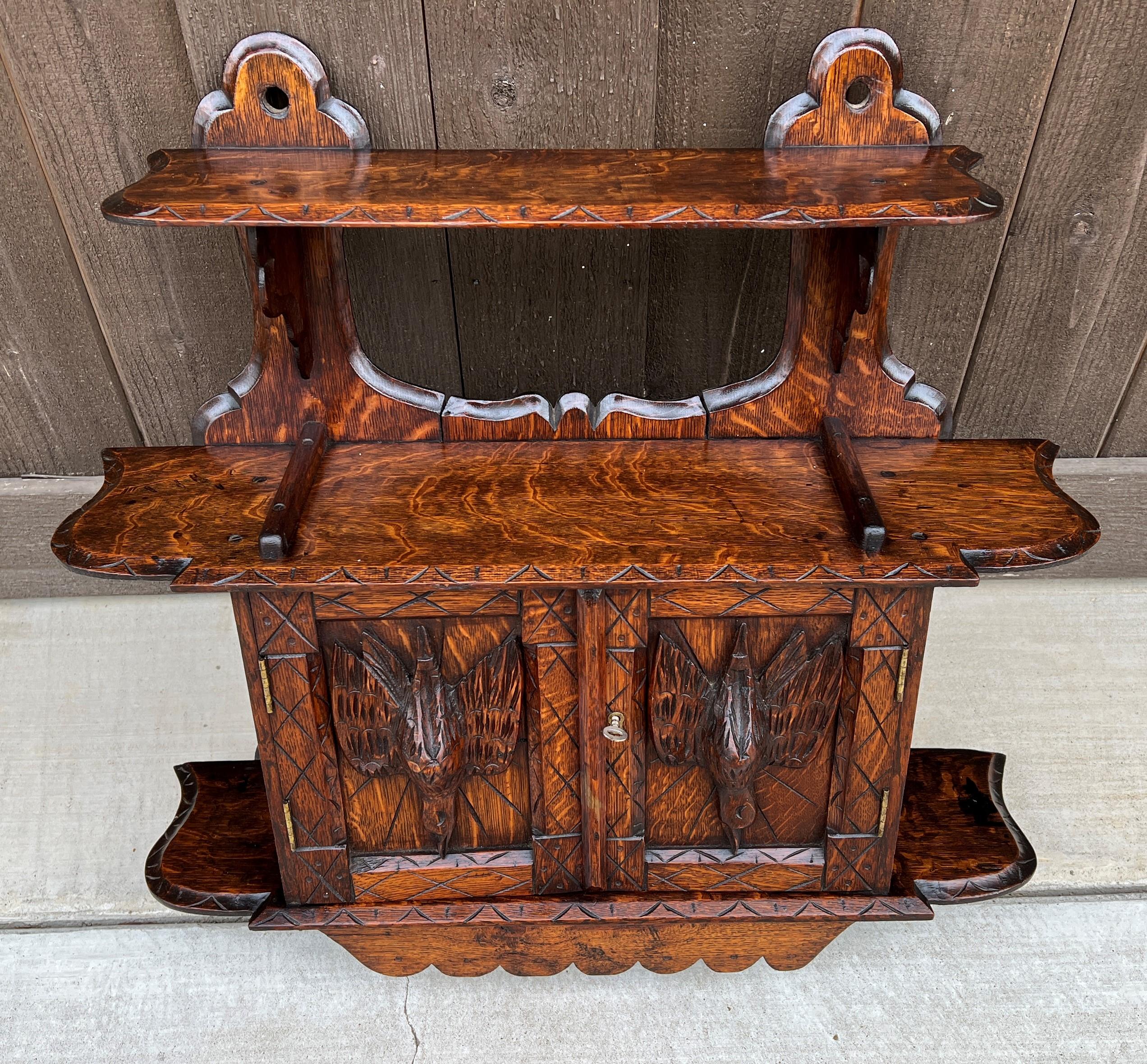Antique English Hanging Wall Shelf Medicine Cabinet Carved Birds w Key 3