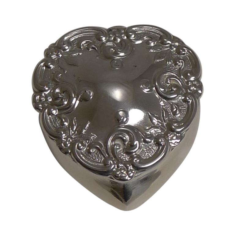 Antique English Heart Shaped Pill Box in Sterling Silver, 1905