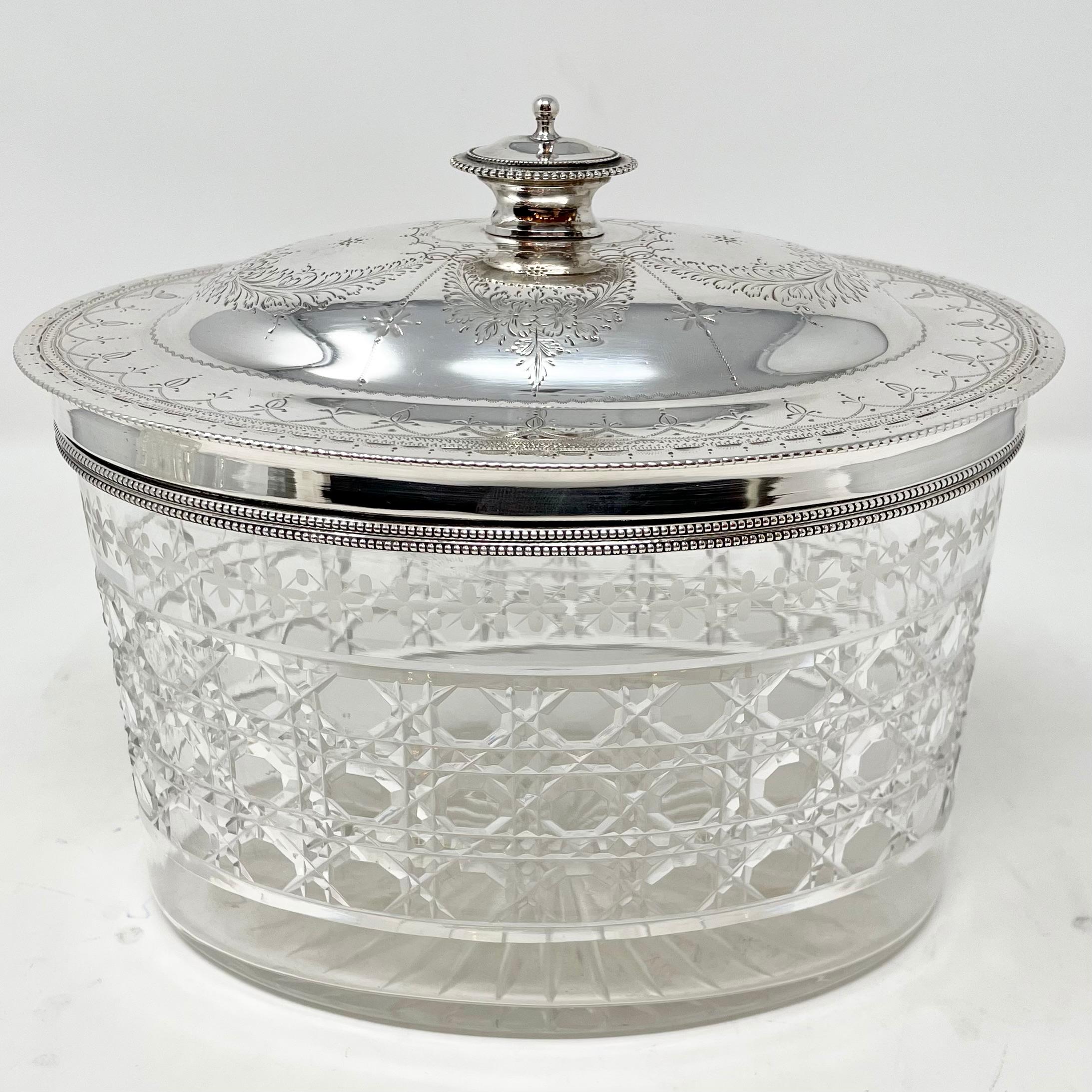 Finest Antique English Cut Crystal & Silver-Plate Drinks and Biscuit Tantalus on Fitted Tray, Hallmarked 
