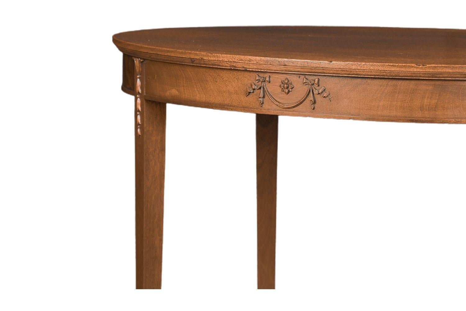 American Antique English Hepplewhite Carved Bellflower Mahogany Caned Oval Side Table For Sale