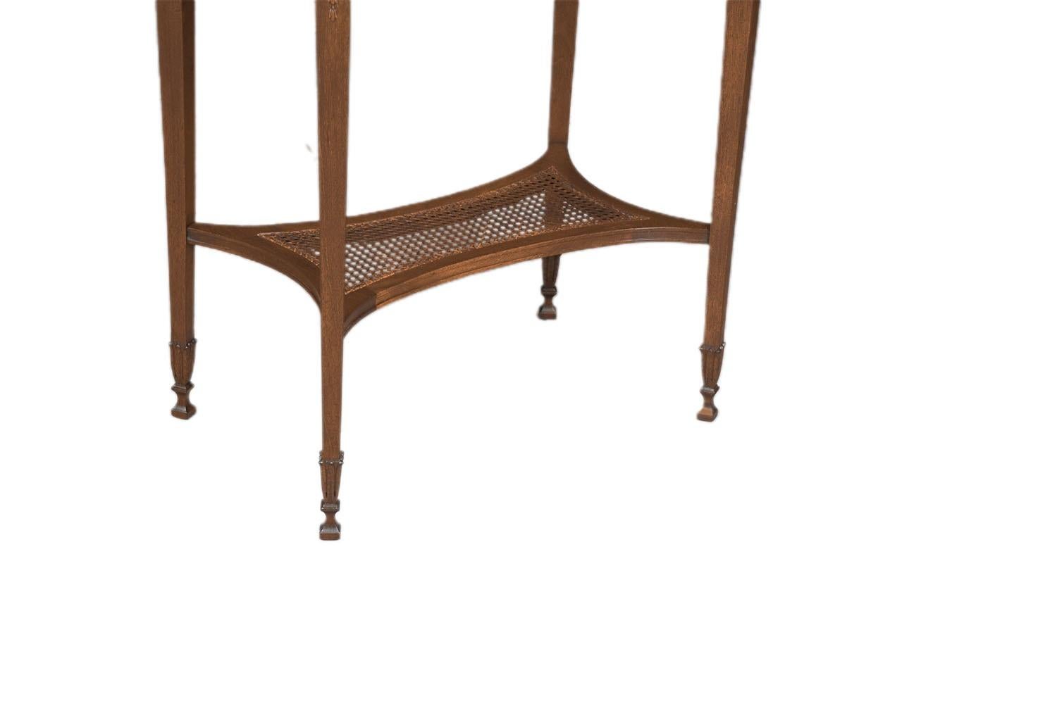 20th Century Antique English Hepplewhite Carved Bellflower Mahogany Caned Oval Side Table For Sale