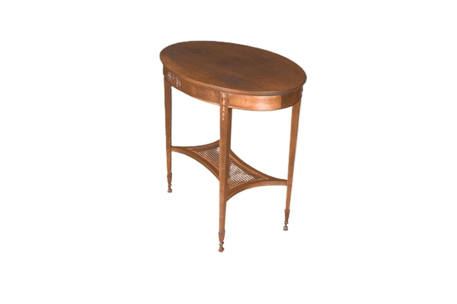 Antique English Hepplewhite Carved Bellflower Mahogany Caned Oval Side Table For Sale 4