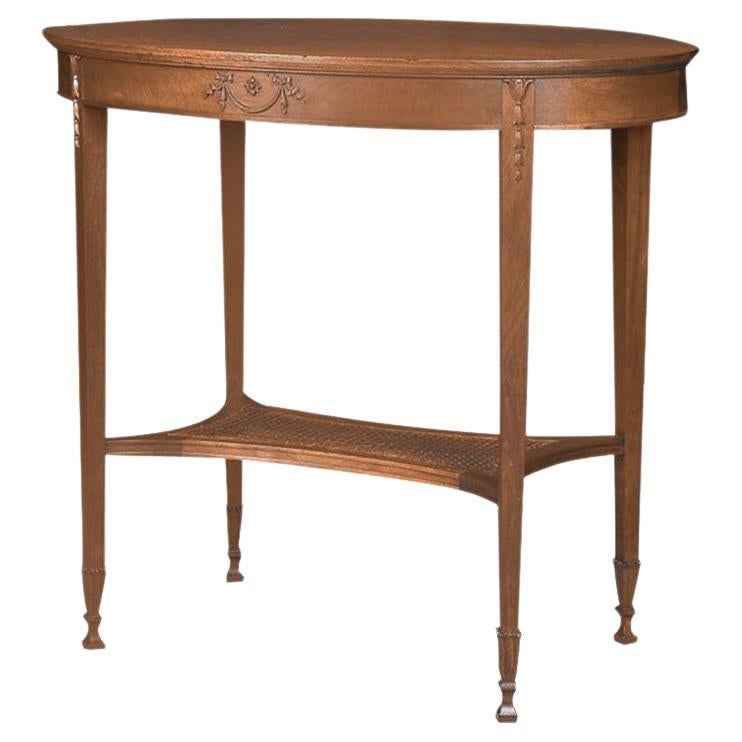 Antique English Hepplewhite Carved Bellflower Mahogany Caned Oval Side Table For Sale