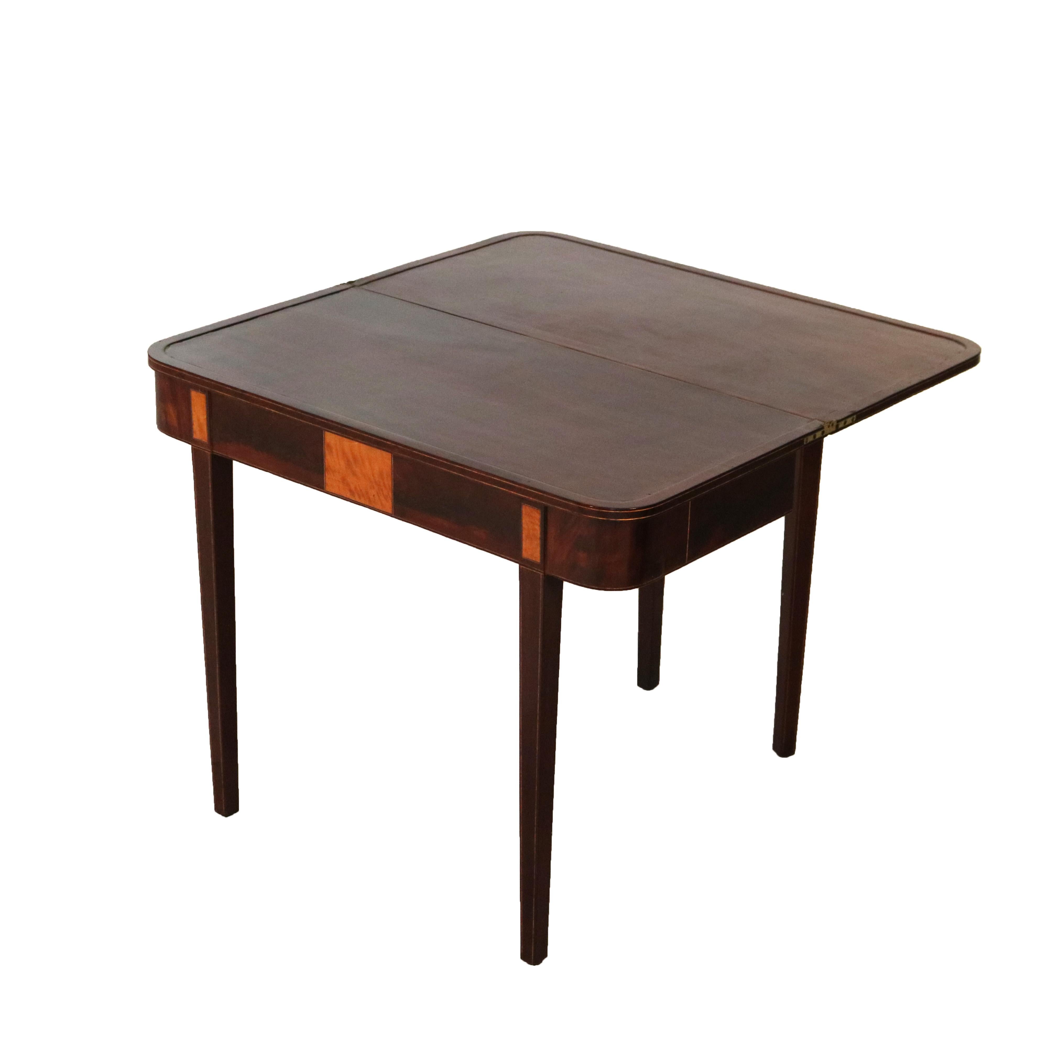 ***Reduced In-House Delivery Rates - Click on “Ask Seller” to Request a Quote***

Antique English Hepplewhite Flame Mahogany Inlaid & Banded Game Table with Flip-Top 19th C

Measures- 29.75
