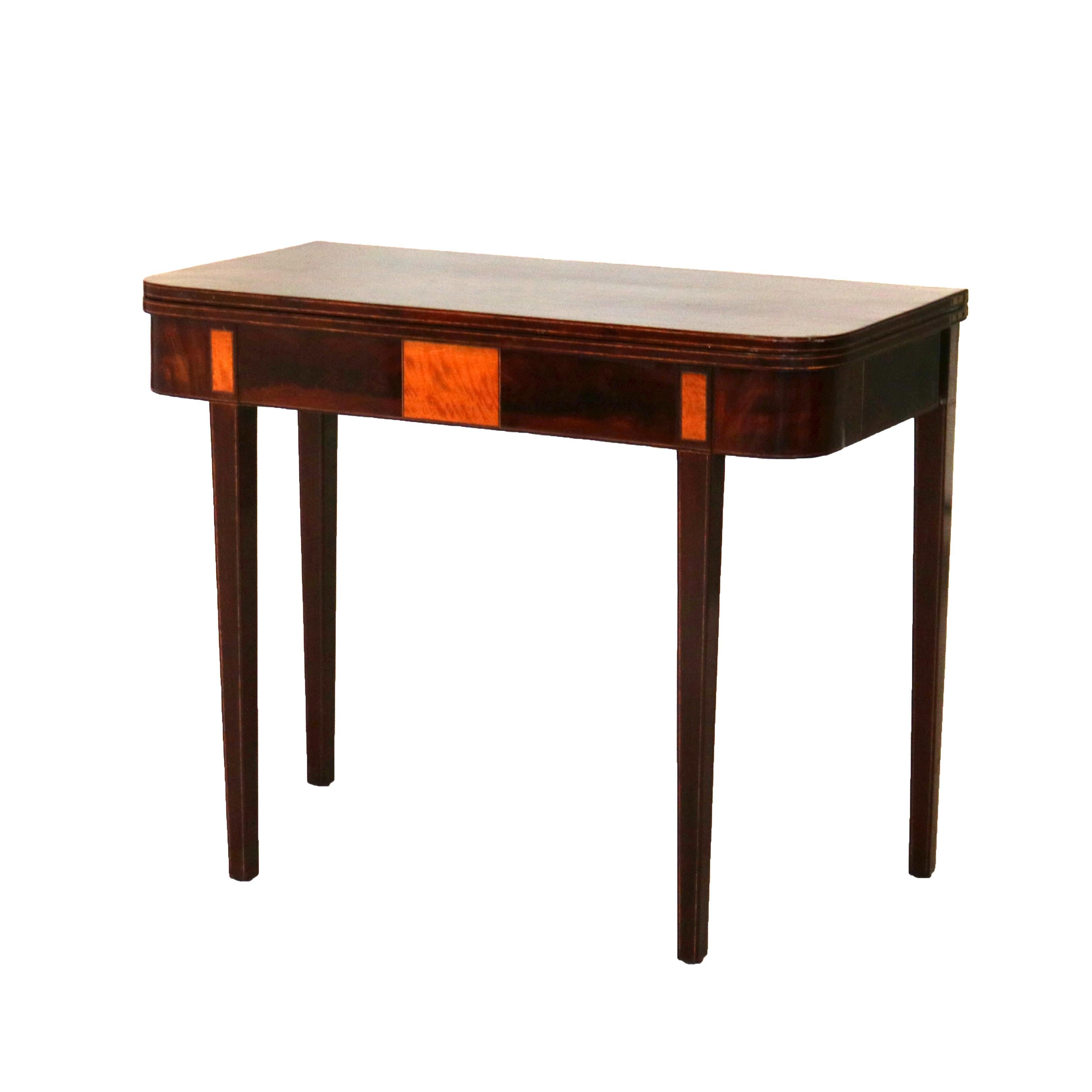 19th Century Antique English Hepplewhite Flame Mahogany Inlaid & Banded Game Table 19th C For Sale