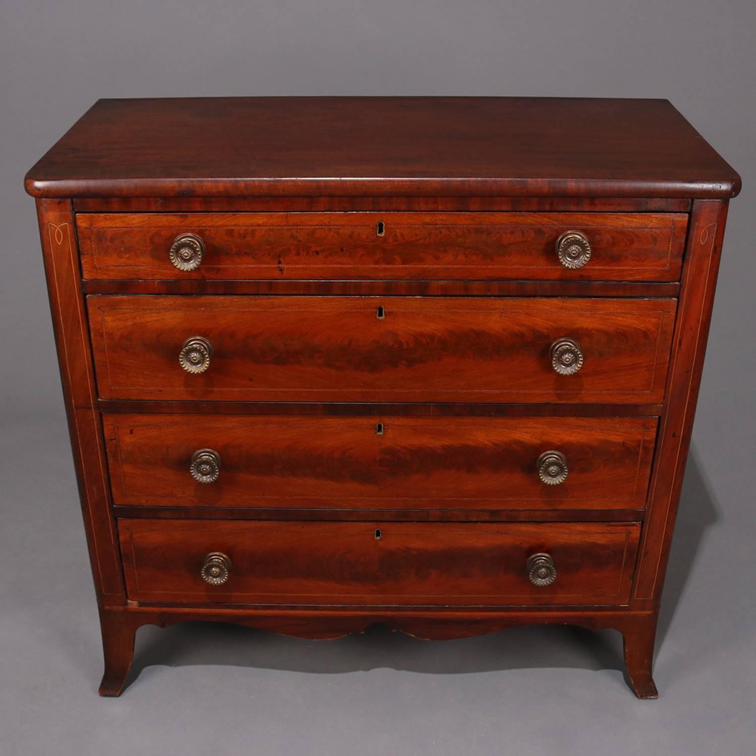 Cast Antique English Hepplewhite Inlay Banded Flame Mahogany Chest of Drawers