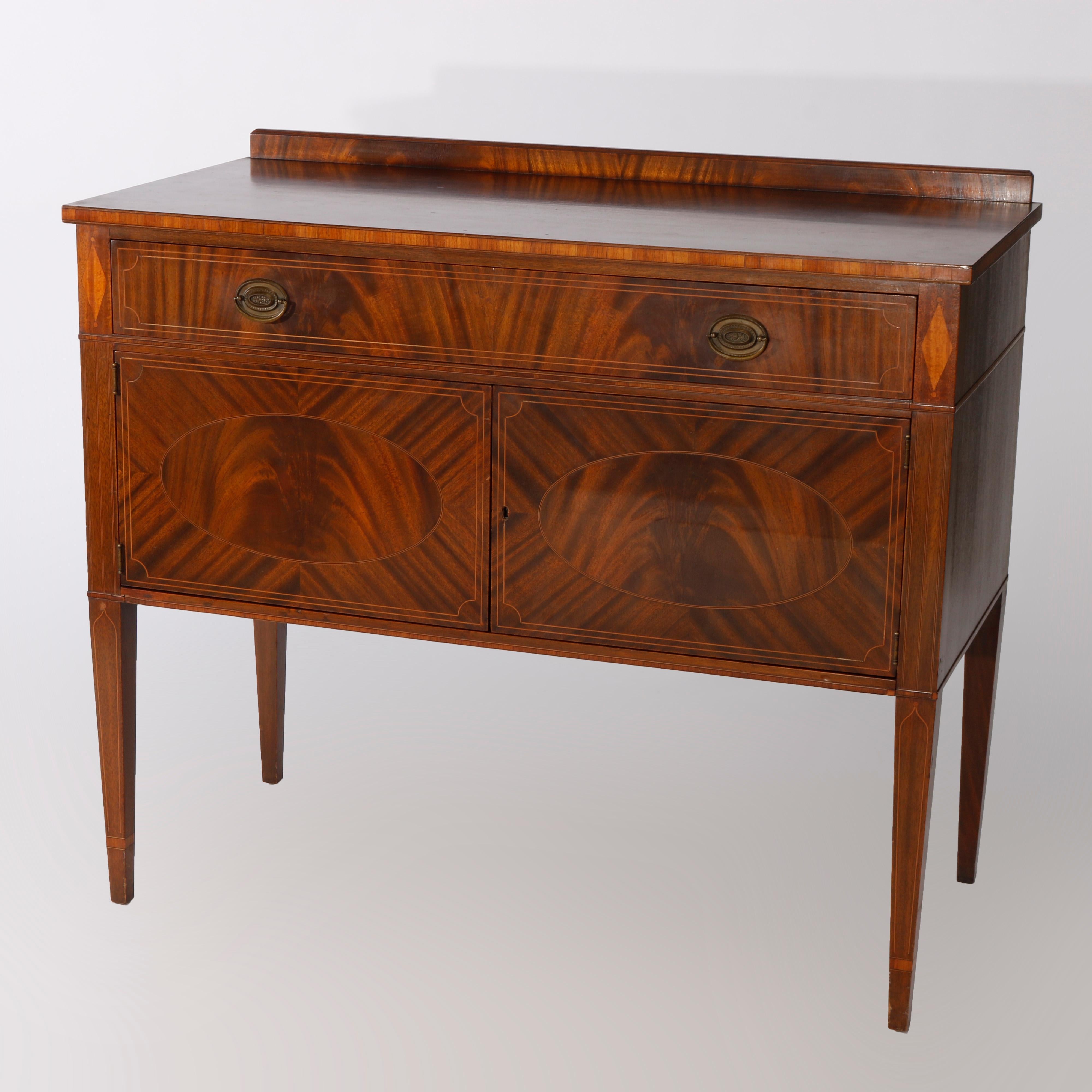 Antique English Hepplewhite Style Flame Mahogany & Satinwood Inlaid Server c1930 In Good Condition In Big Flats, NY