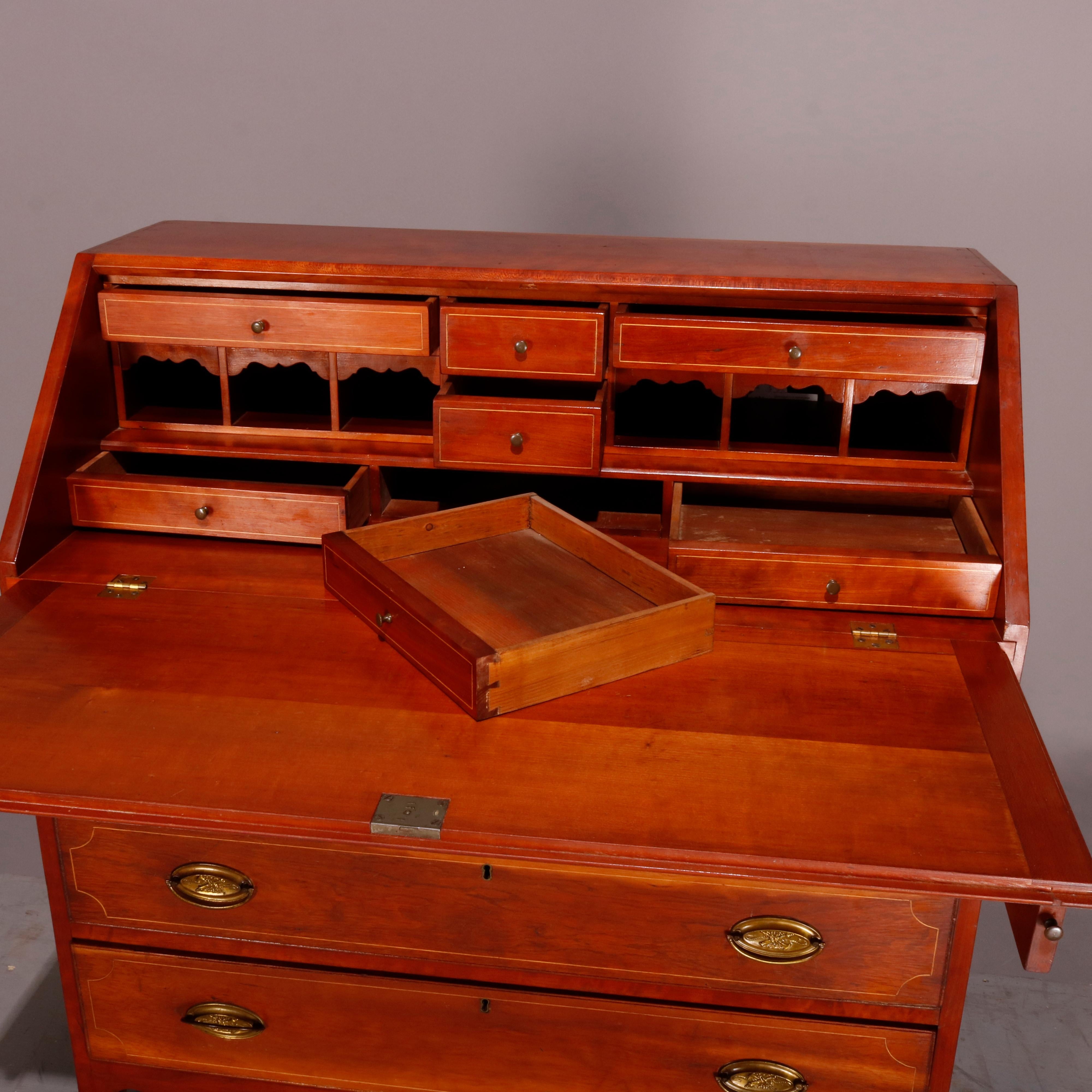 19th Century Antique English Hepplewhite Style Satinwood Banded Cherry Slant Front Desk