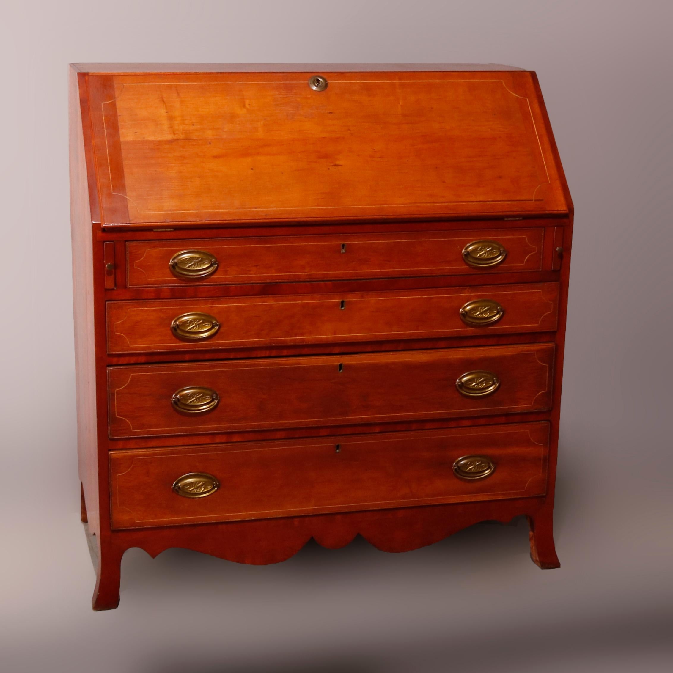 Antiker englischer Hepplewhite Style Satinwood Banded Cherry Slant Front Desk (19. Jahrhundert)