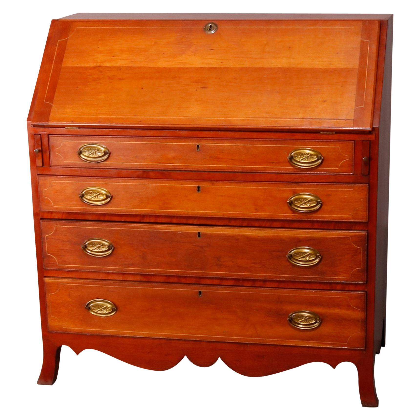 Antique English Hepplewhite Style Satinwood Banded Cherry Slant Front Desk