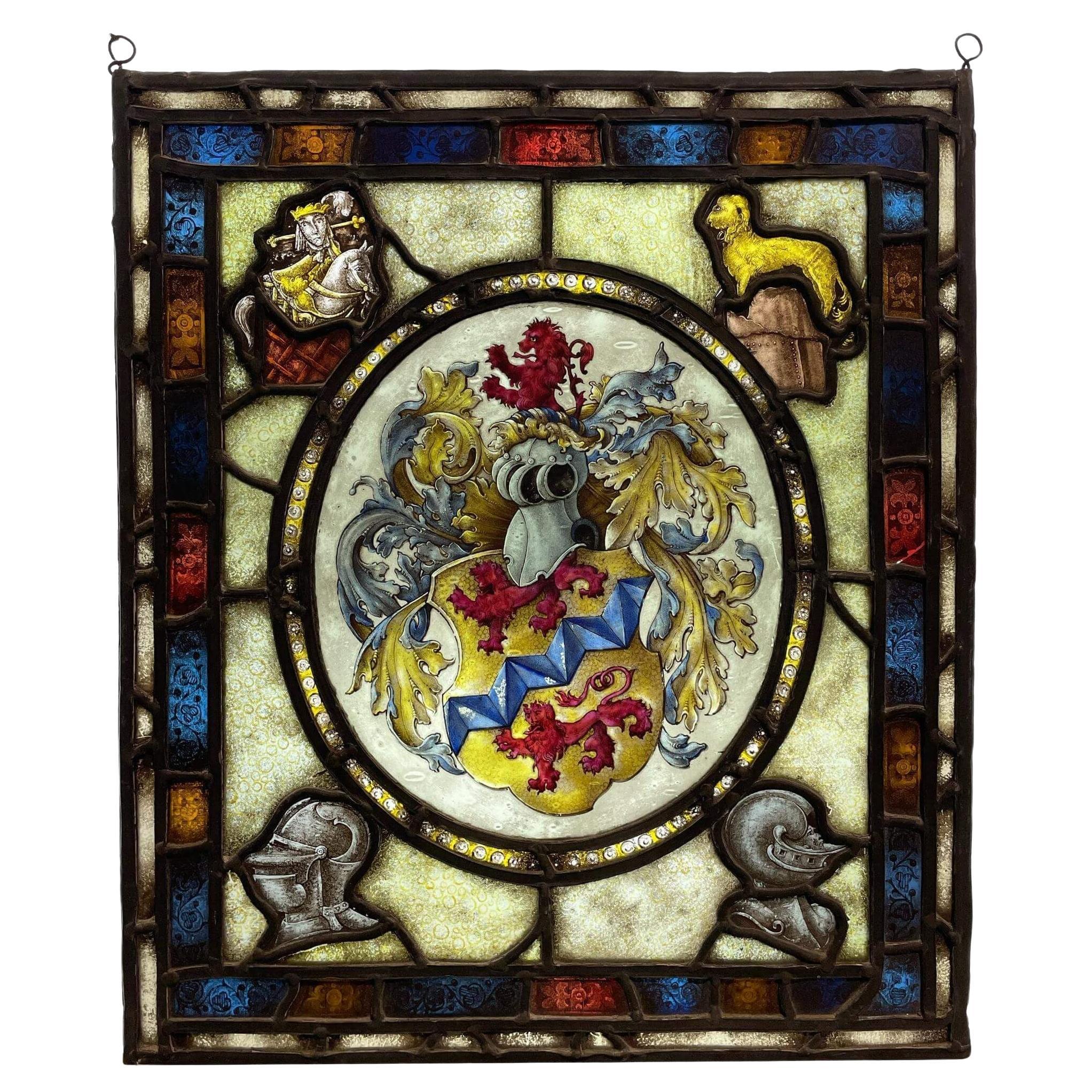 Antique English Heraldic Stained Glass Window For Sale