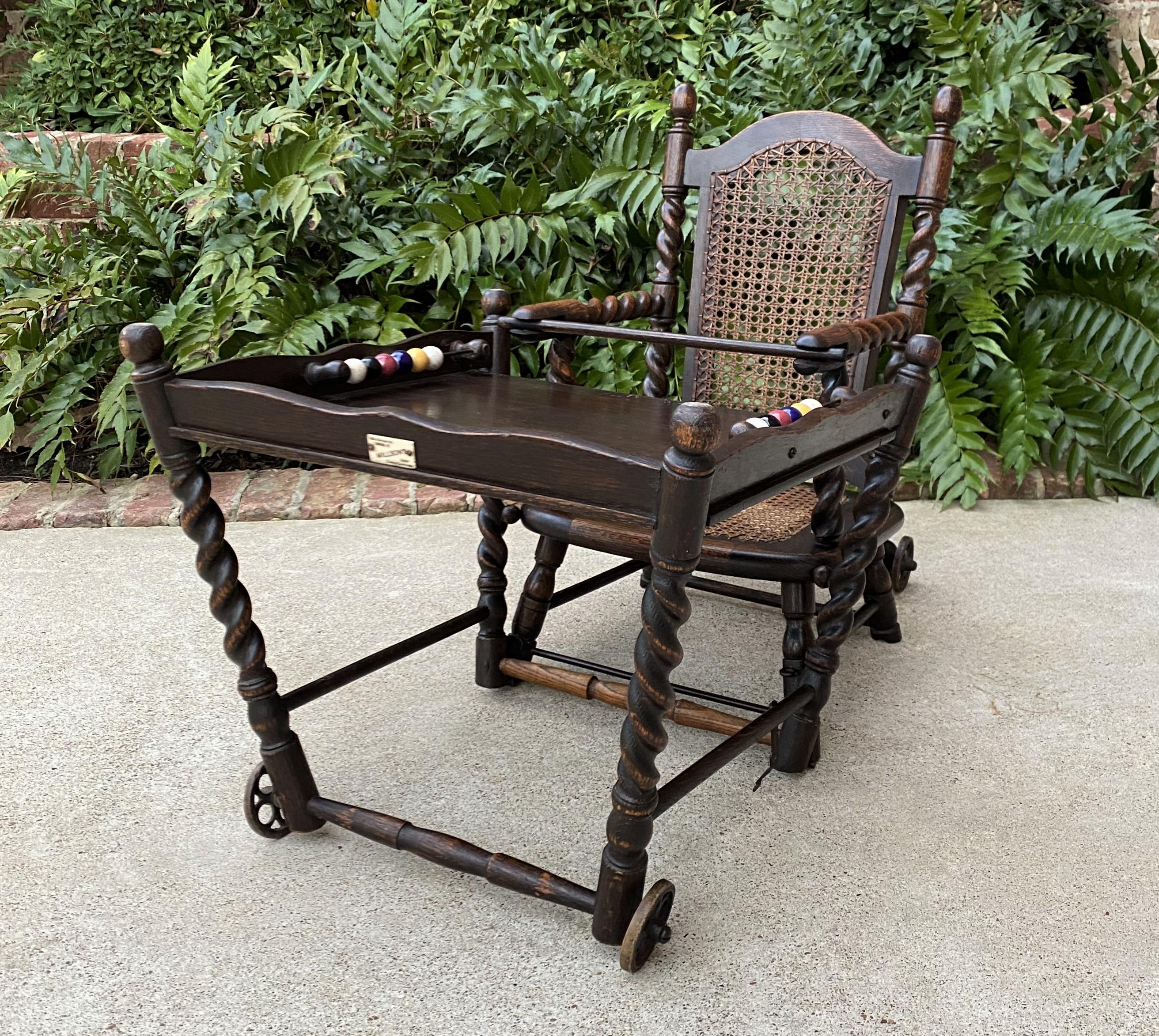 Antique English High Chair Child Caned Barley Twist Oak Maker's Tag Victorian 2