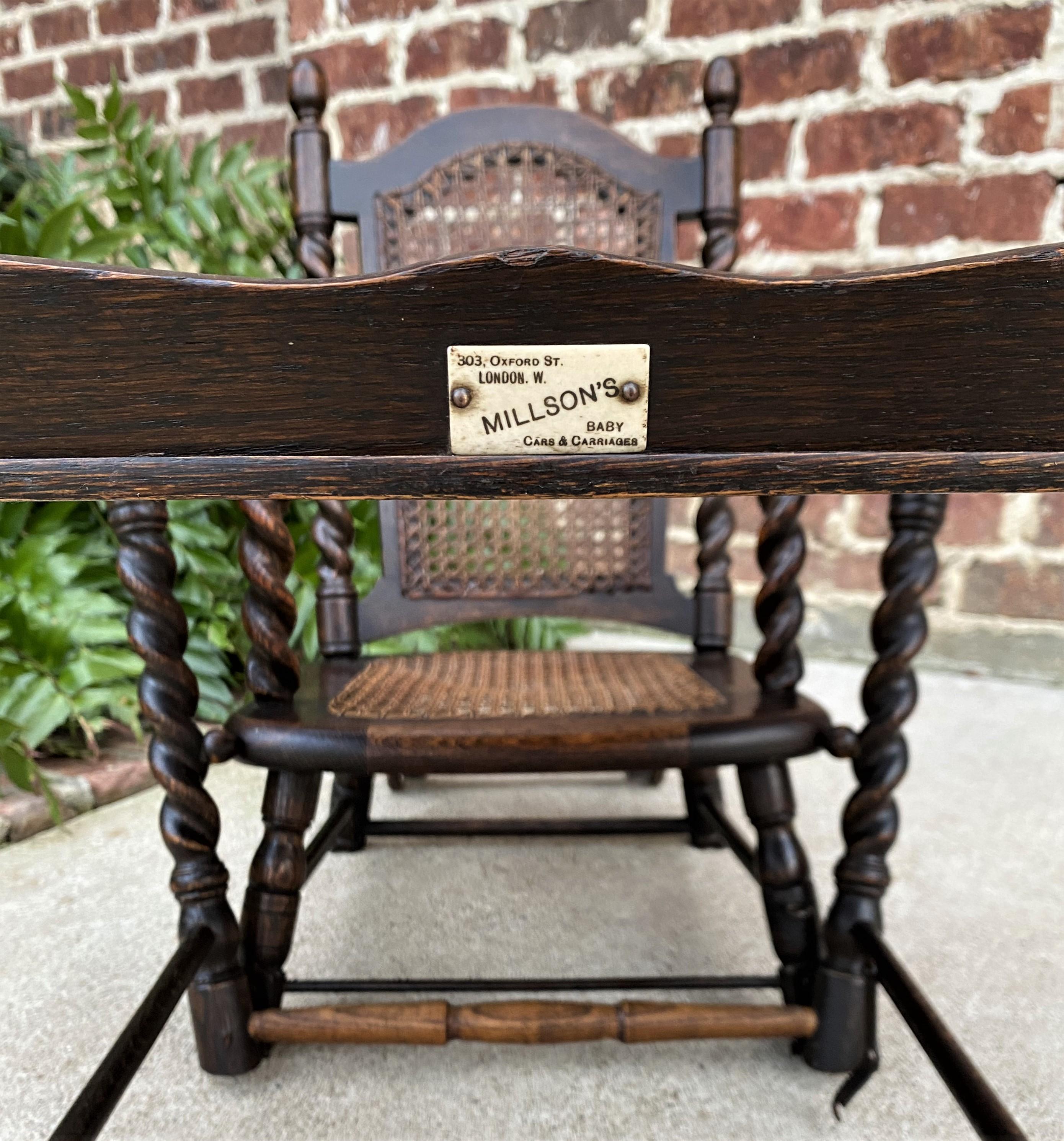 Antique English High Chair Child Caned Barley Twist Oak Maker's Tag Victorian 5