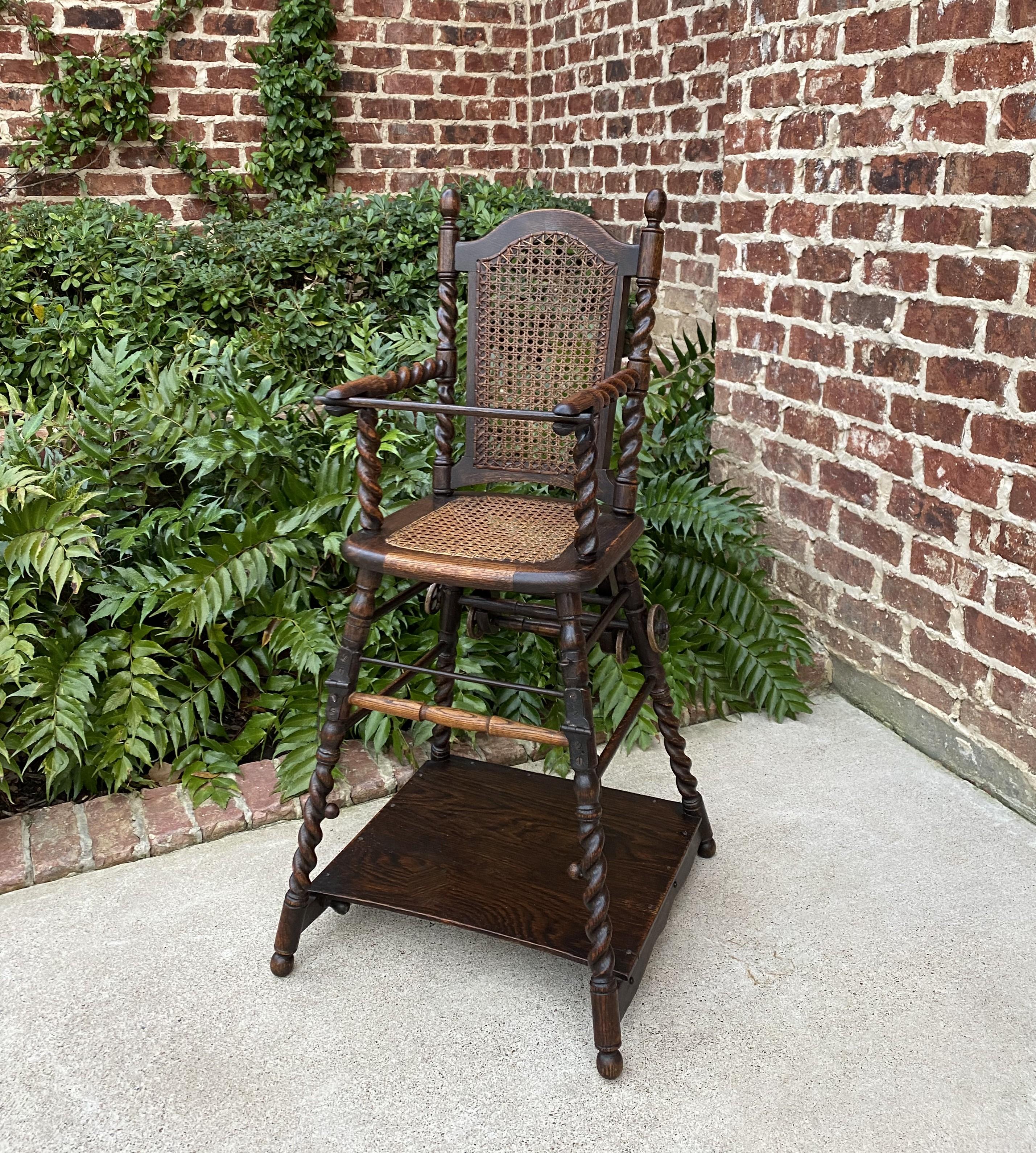 Antique English High Chair Child Caned Barley Twist Oak Maker's Tag Victorian 6