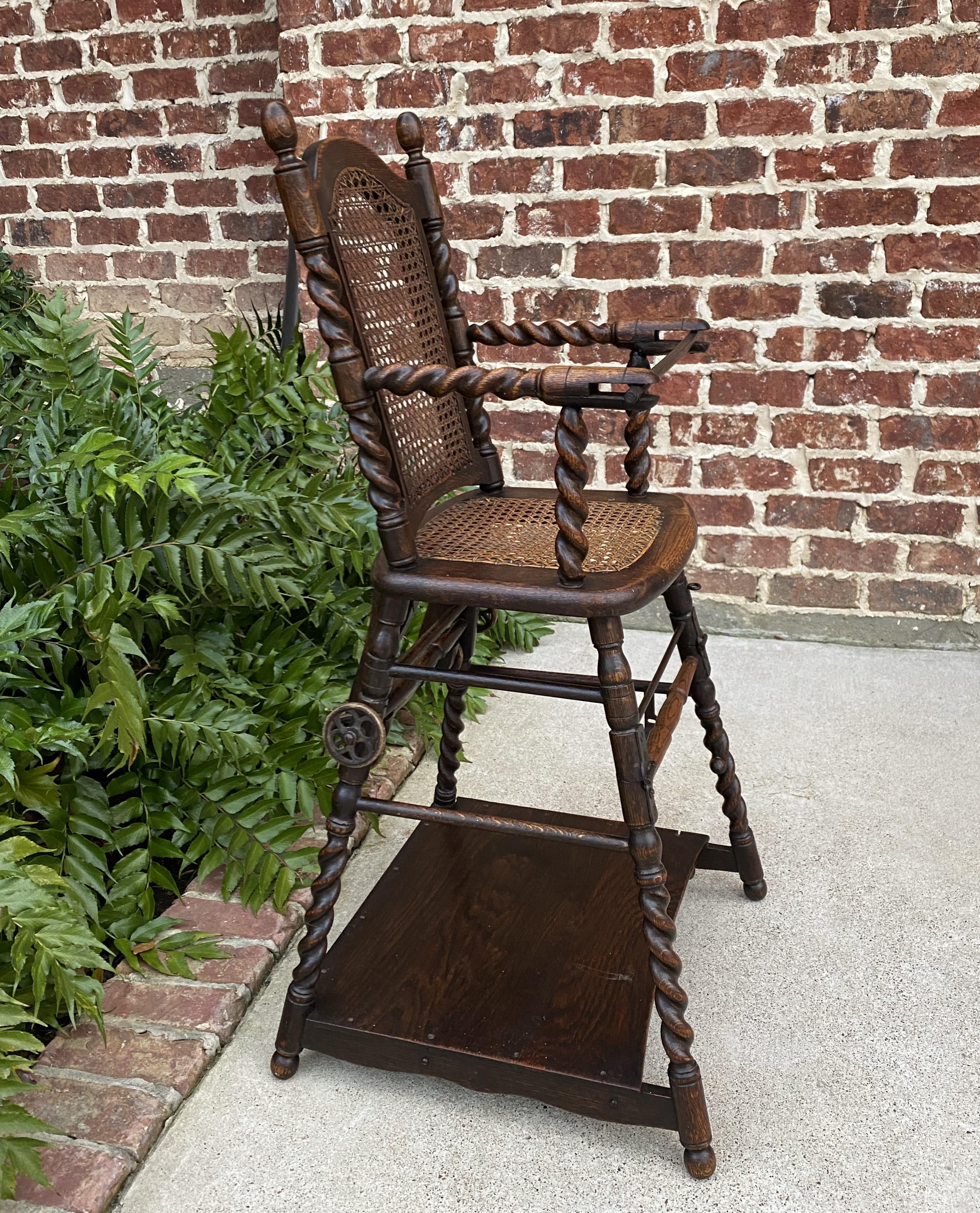 Antique English High Chair Child Caned Barley Twist Oak Maker's Tag Victorian In Good Condition In Tyler, TX