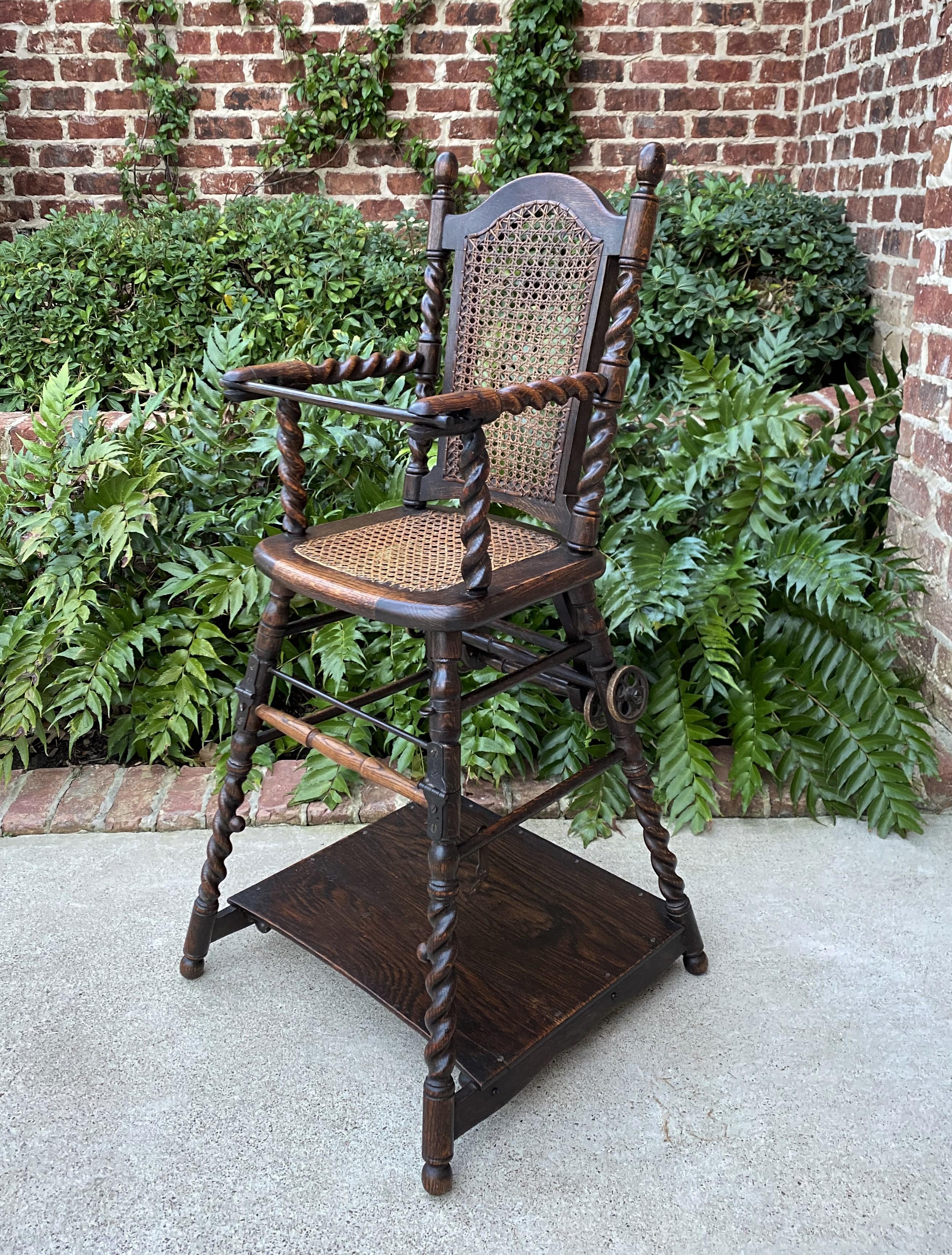 Antique English High Chair Child Caned Barley Twist Oak Maker's Tag Victorian 1