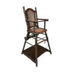Antique English High Chair Child Caned Barley Twist Oak Maker's Tag Victorian