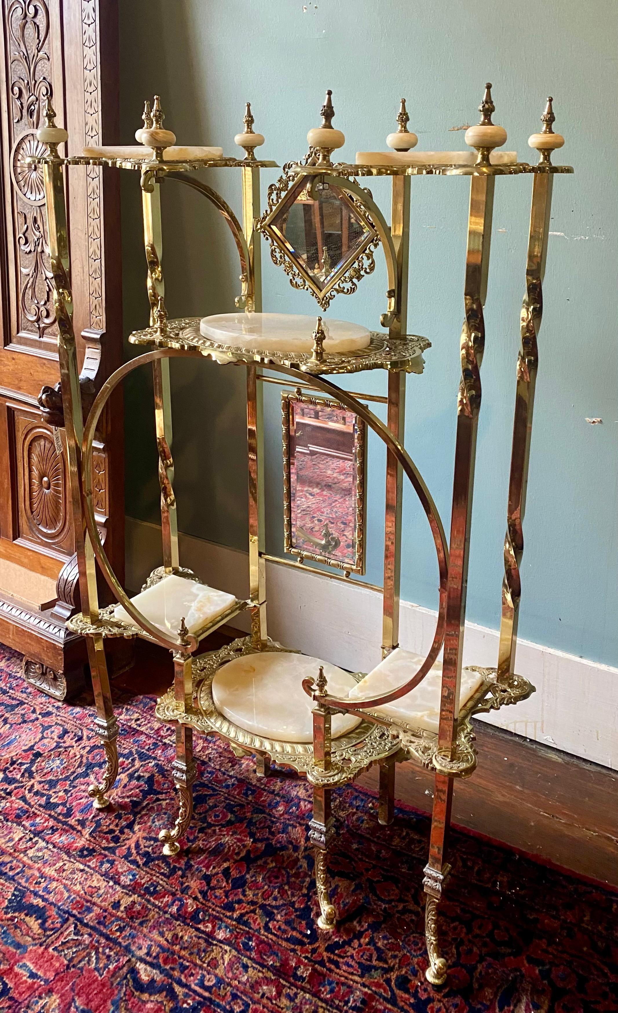 Antique English High Victorian Brass and Onyx Mirrored Etagere, Circa 1890-1910 4
