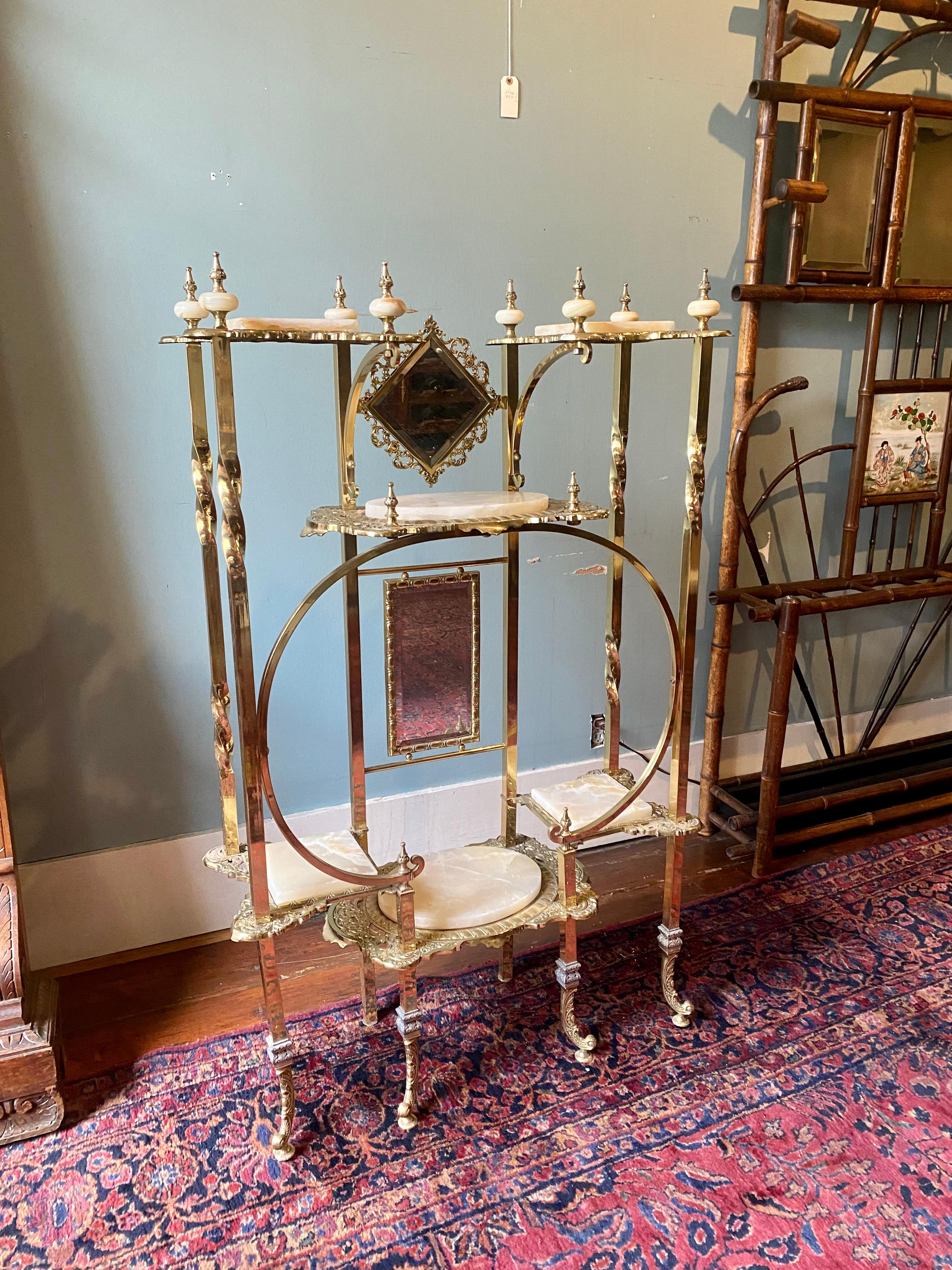 19th Century Antique English High Victorian Brass and Onyx Mirrored Etagere, Circa 1890-1910