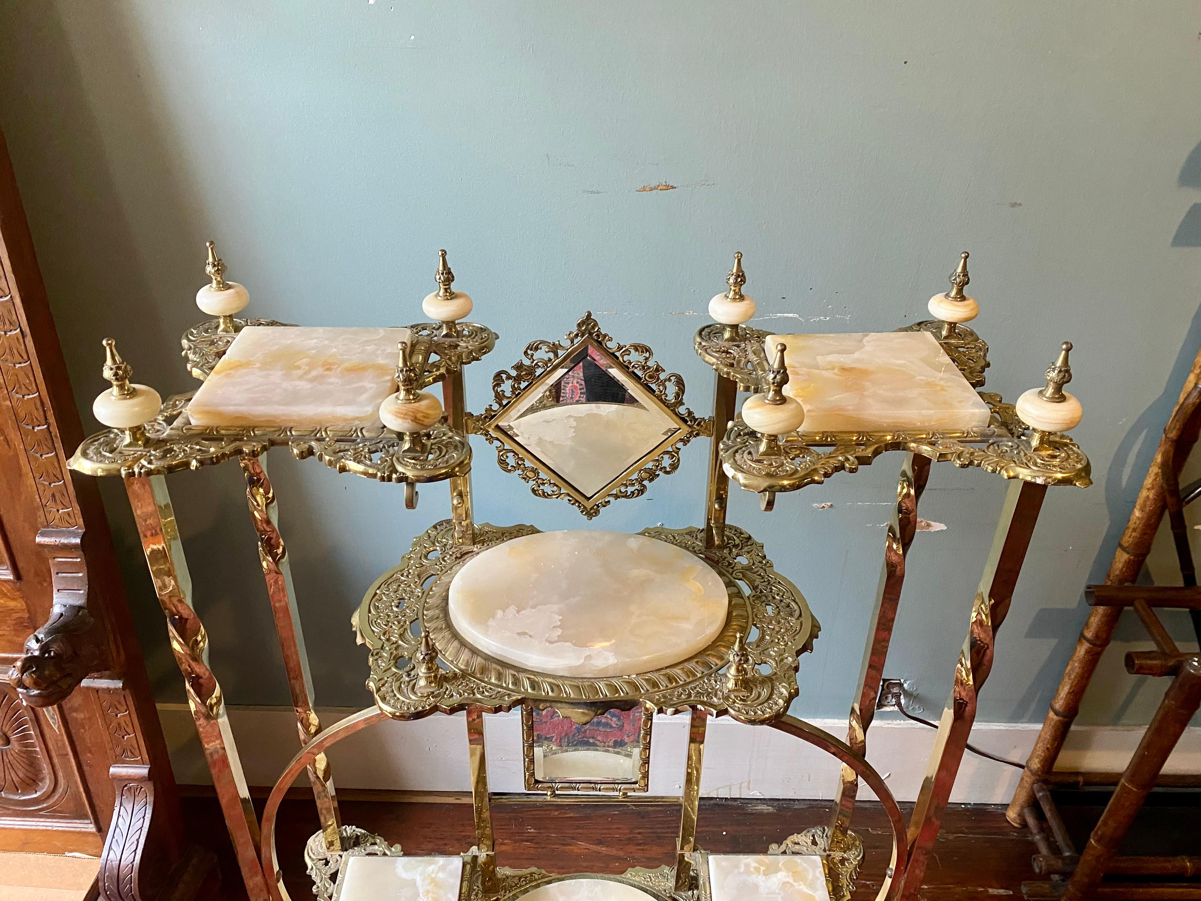 Antique English High Victorian Brass and Onyx Mirrored Etagere, Circa 1890-1910 1