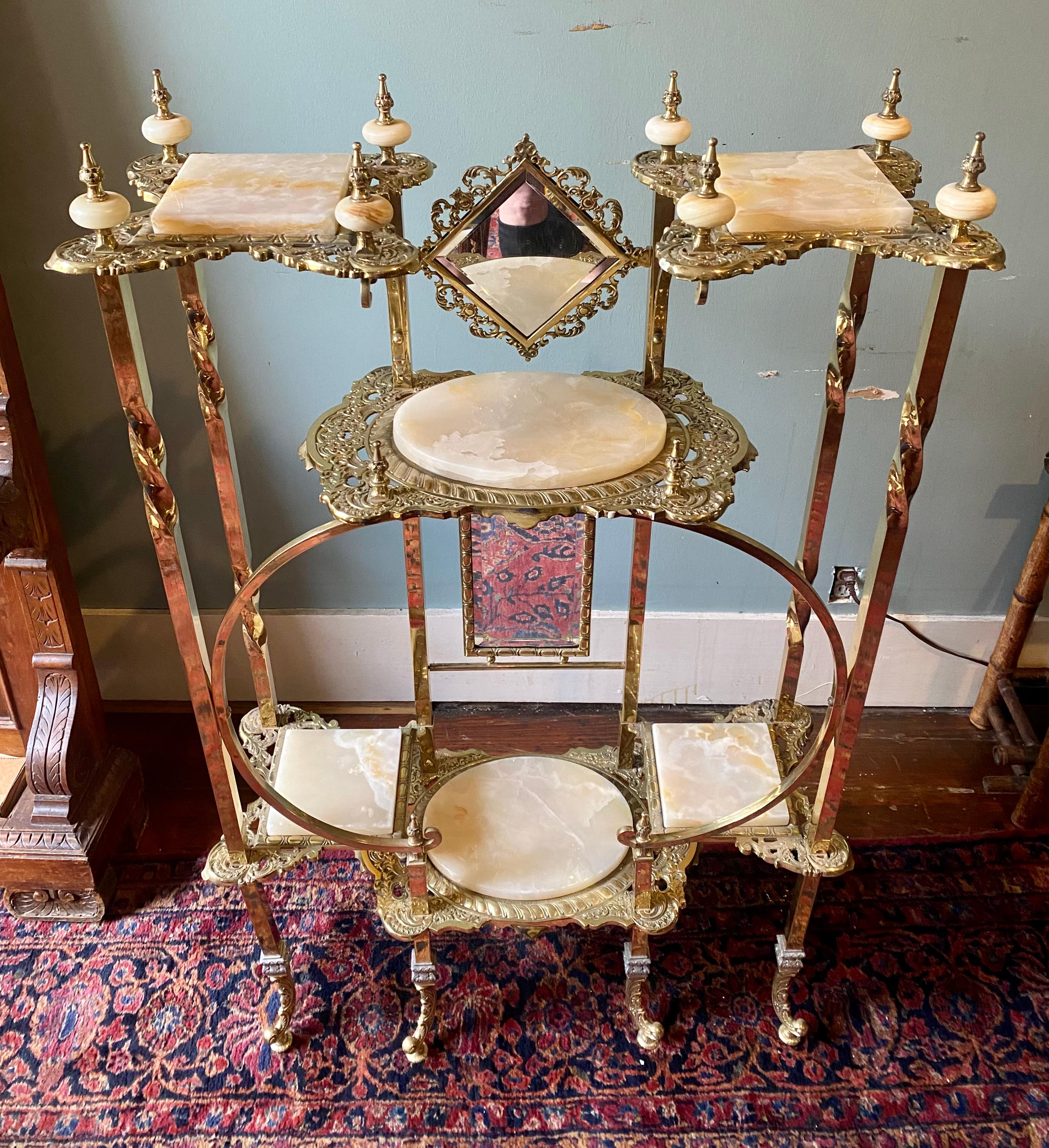 Antique English High Victorian Brass and Onyx Mirrored Etagere, Circa 1890-1910 2