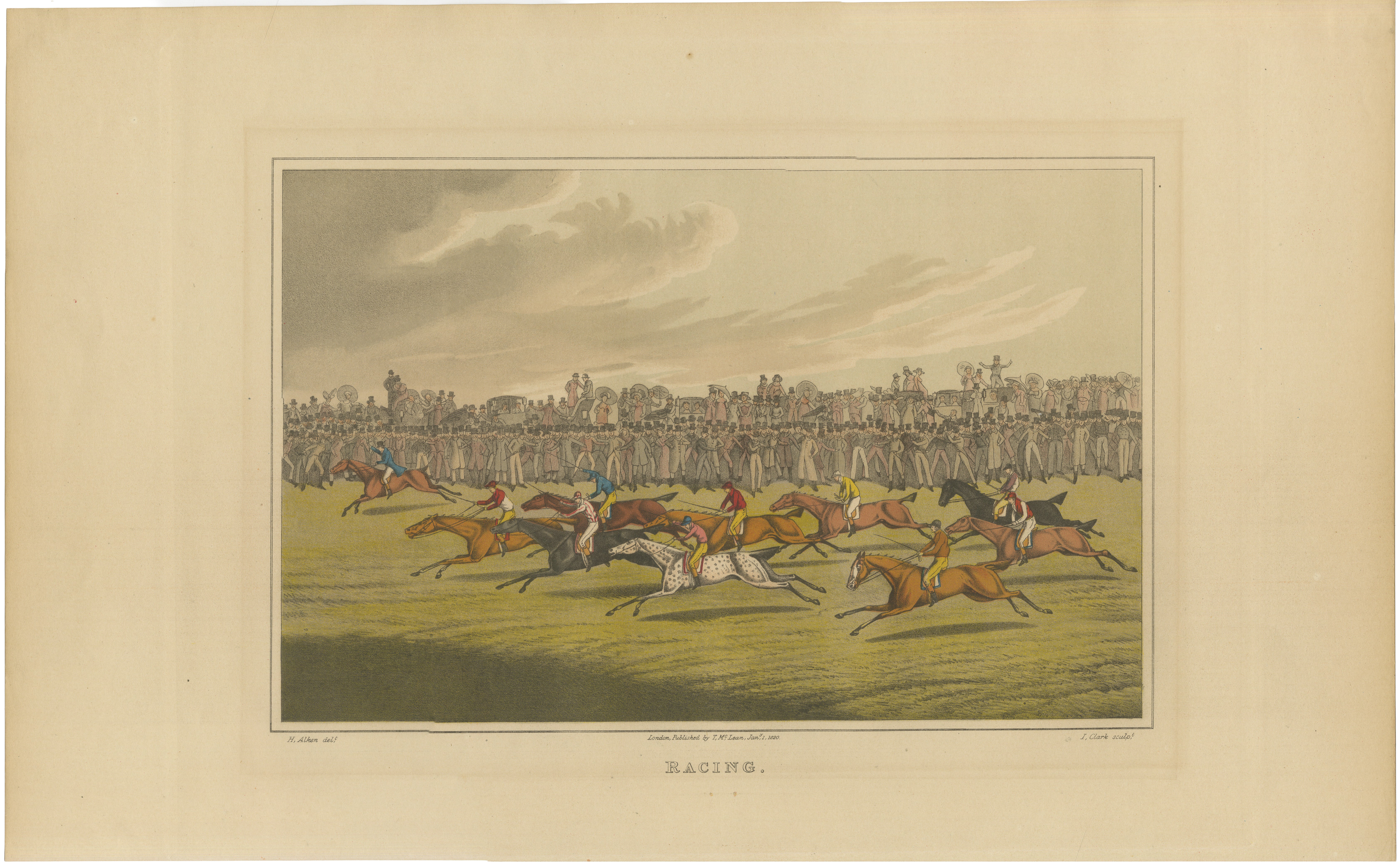 Antique English Horse Racing Print by Henry Alken, “Racing”, circa 1822