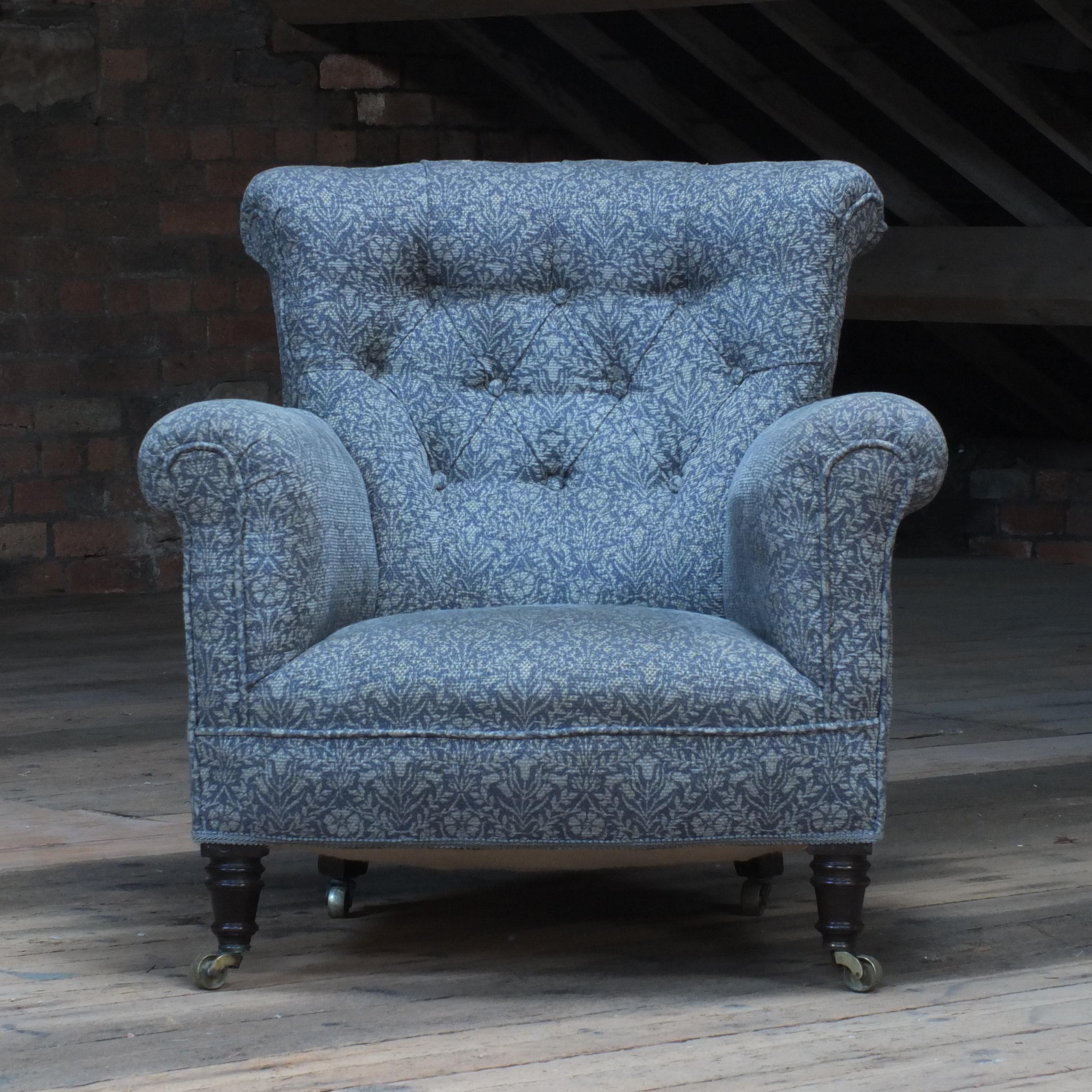 A good Victorian Howard woodstock style armchair. Recent upholstery in good order and very much ready to go and I believe its a William Morris designed fabric. We so also offer upholstery should you wish to change it!

Measures: 82cm deep
81cm